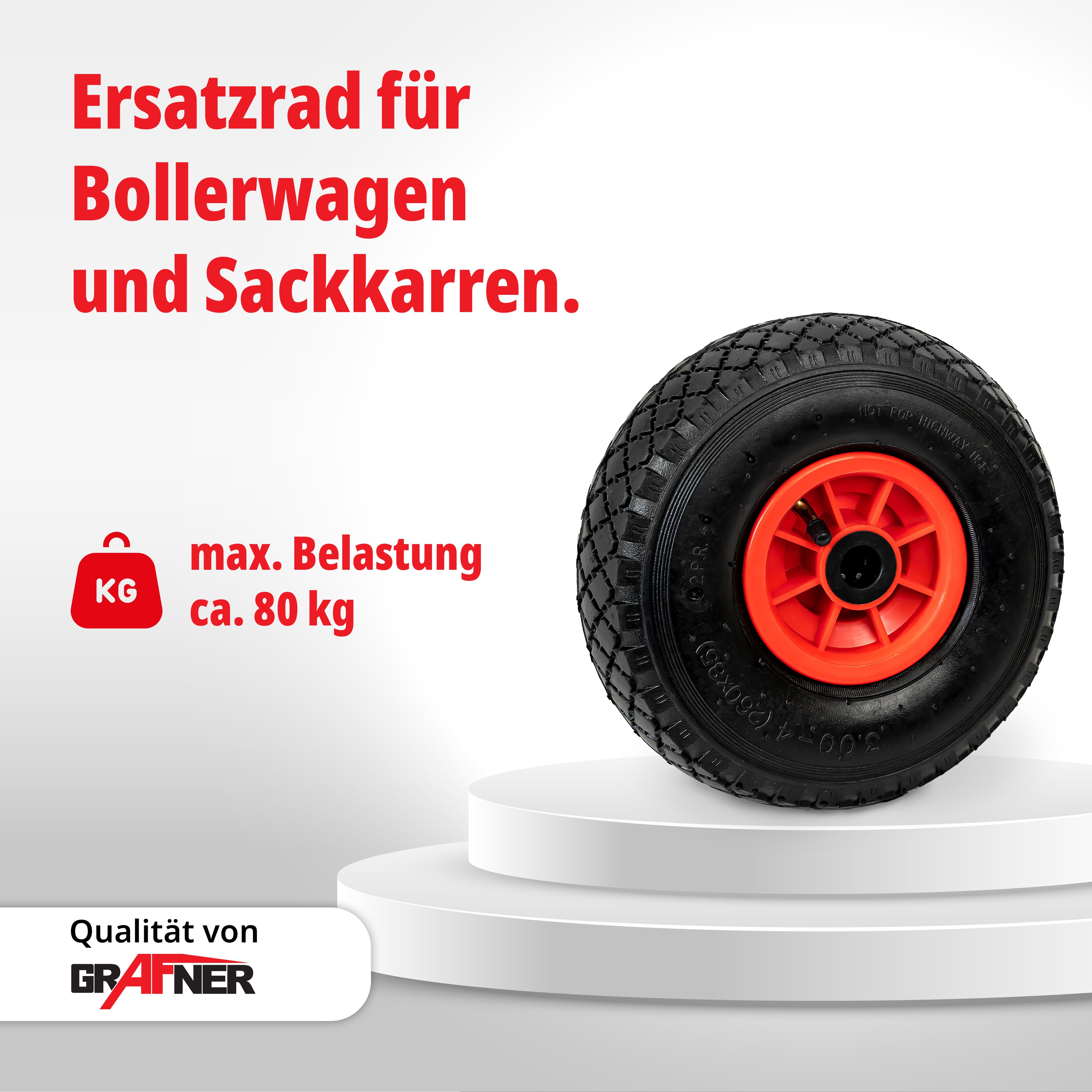 Grafner Sackkarren-Rad Sackkarrenrad Bollerwagenrad 3.00-4 PU Luftbereifung Kunststoff Felge, Größe 3.00-4, Kunststoff Felge, Reifen Ø 26 cm