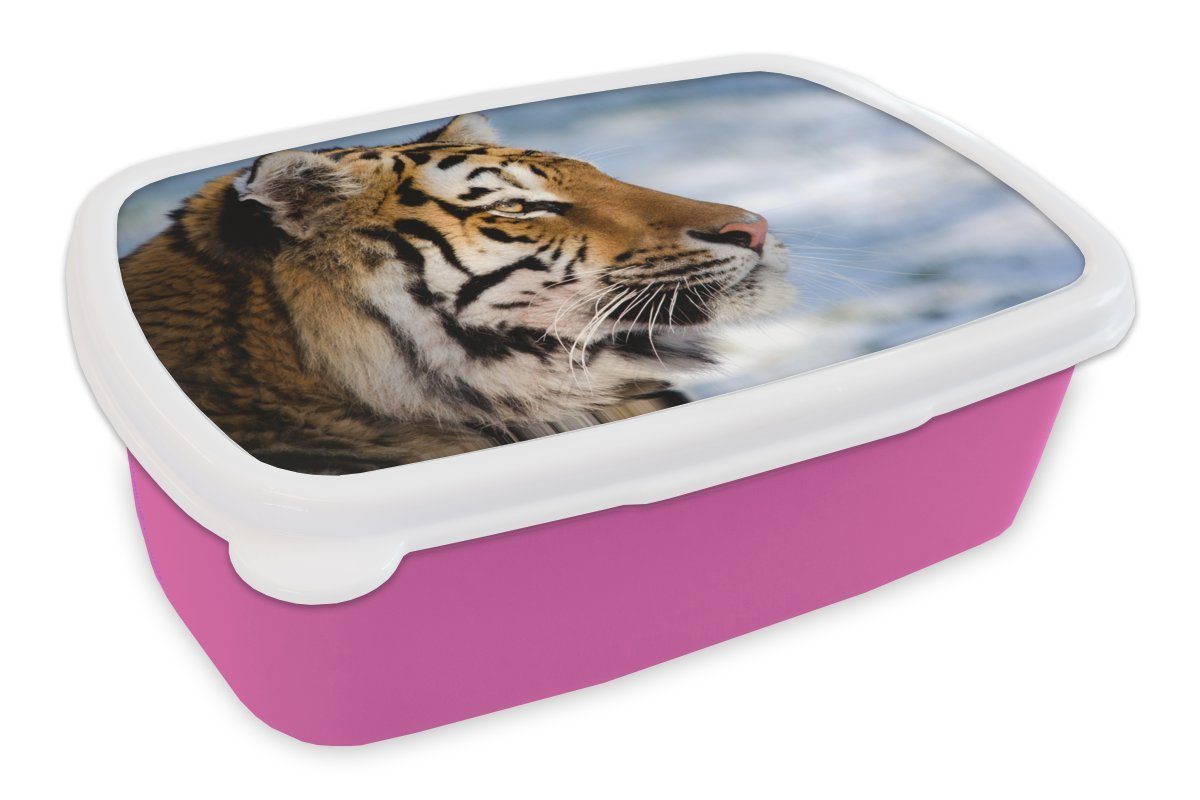 MuchoWow Lunchbox Tiger - Schnee - Natur, Kunststoff, (2-tlg), Brotbox für Erwachsene, Brotdose Kinder, Snackbox, Mädchen, Kunststoff rosa