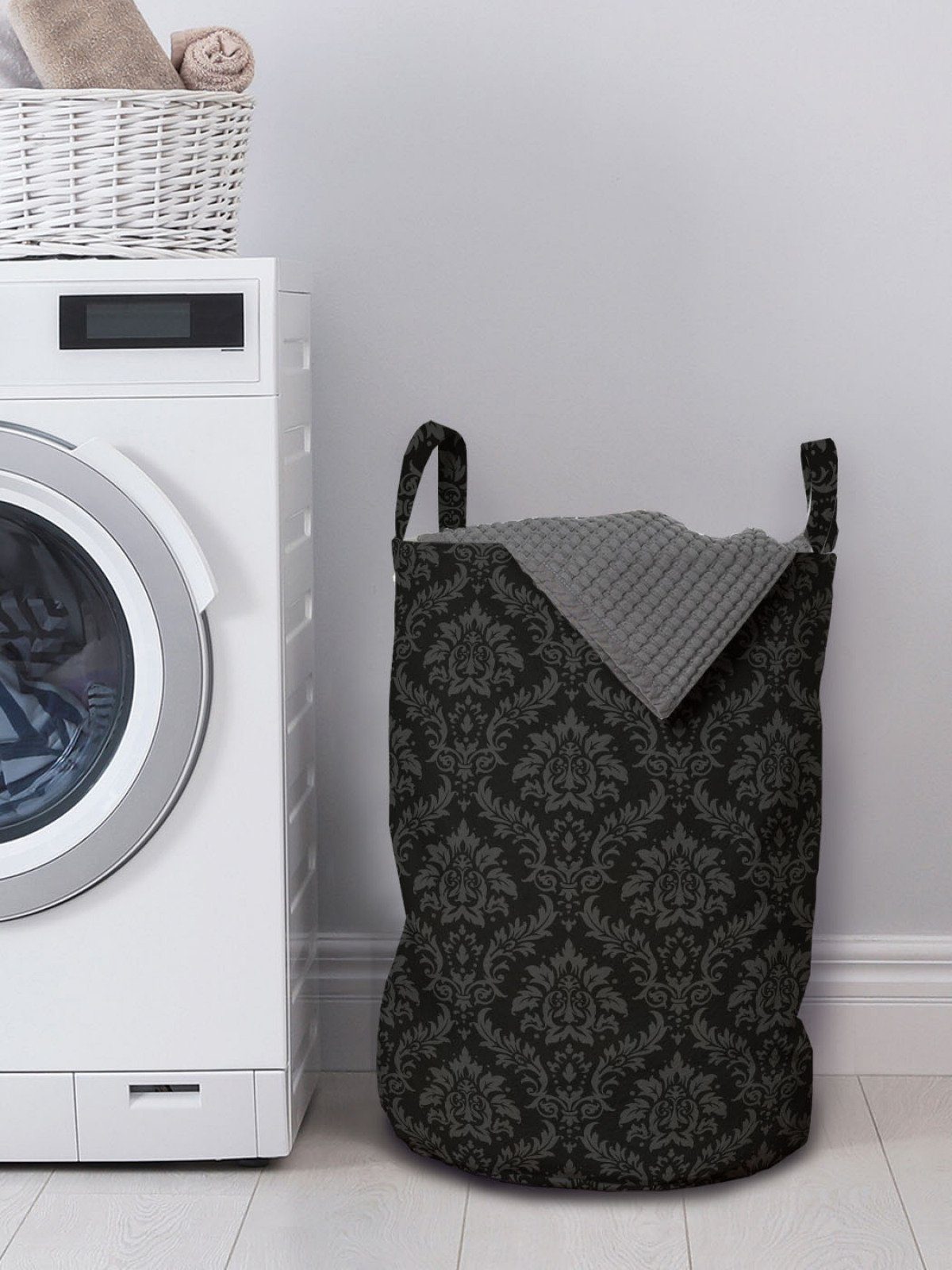 Abakuhaus Wäschesäckchen Wäschekorb mit Griffen und Schwarz Kordelzugverschluss Damast-Muster-Kunst Waschsalons, Grau für