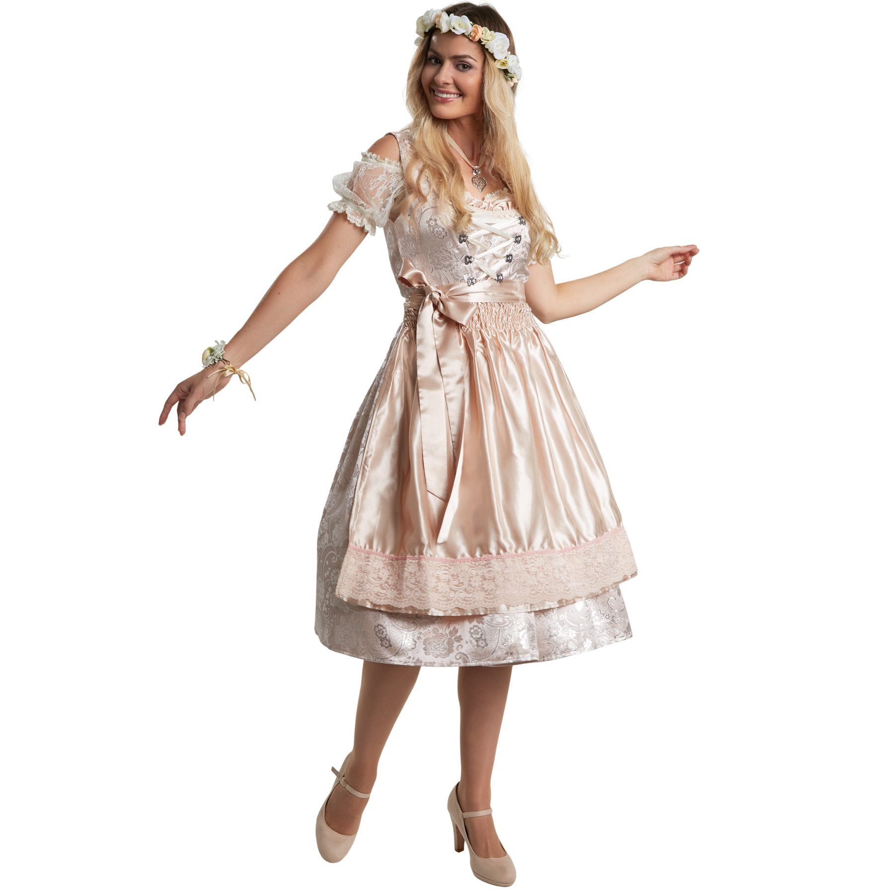 dressforfun Dirndl Frauenkostüm Midi-Dirndl Traunstein Modell 2 Tailliertes, halblanges Dirndl in Beige und Silber