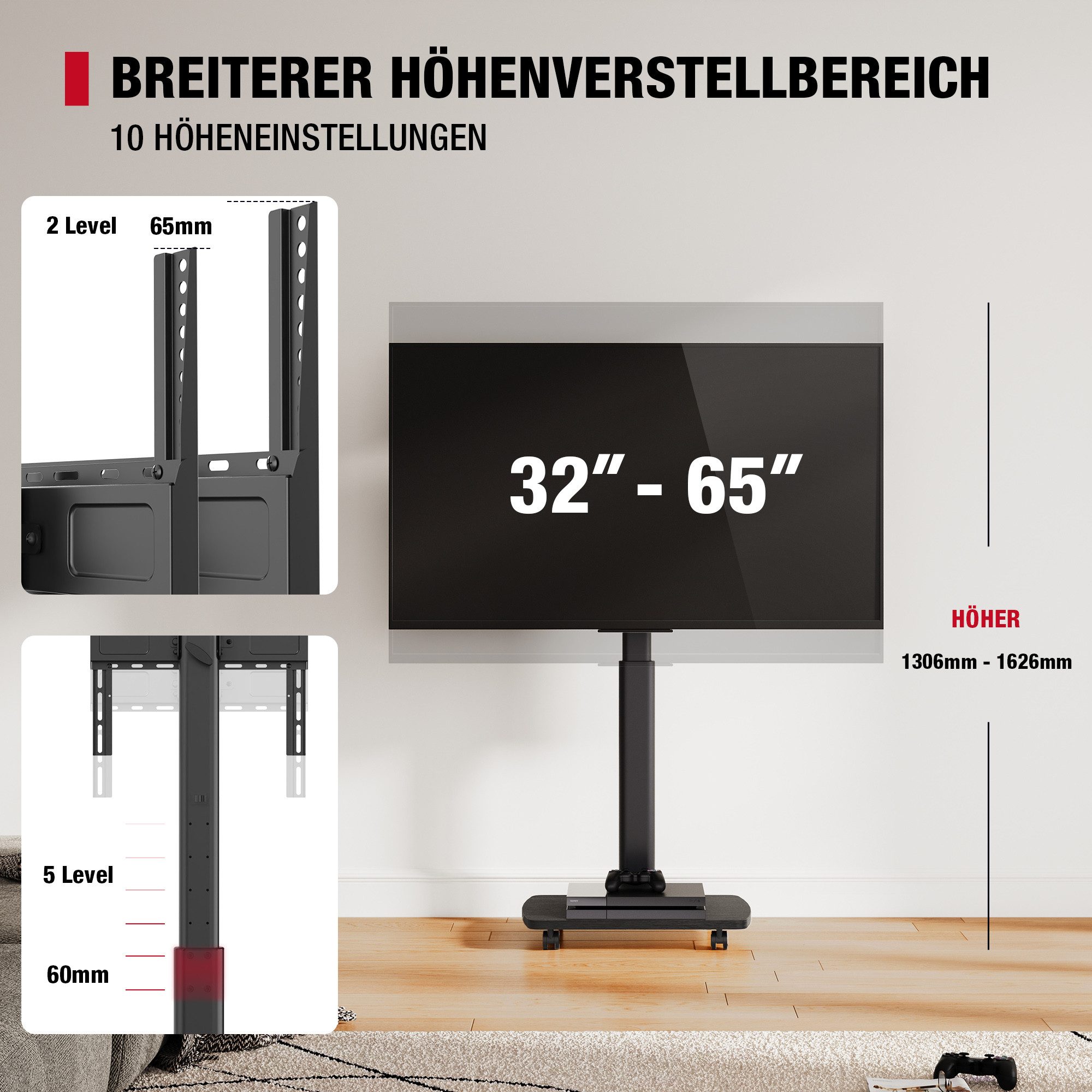 AOKCOS TV-Ständer, (bis 65 Zoll, mit Holzbasis, Vertikaler & Horizontaler Winkel)