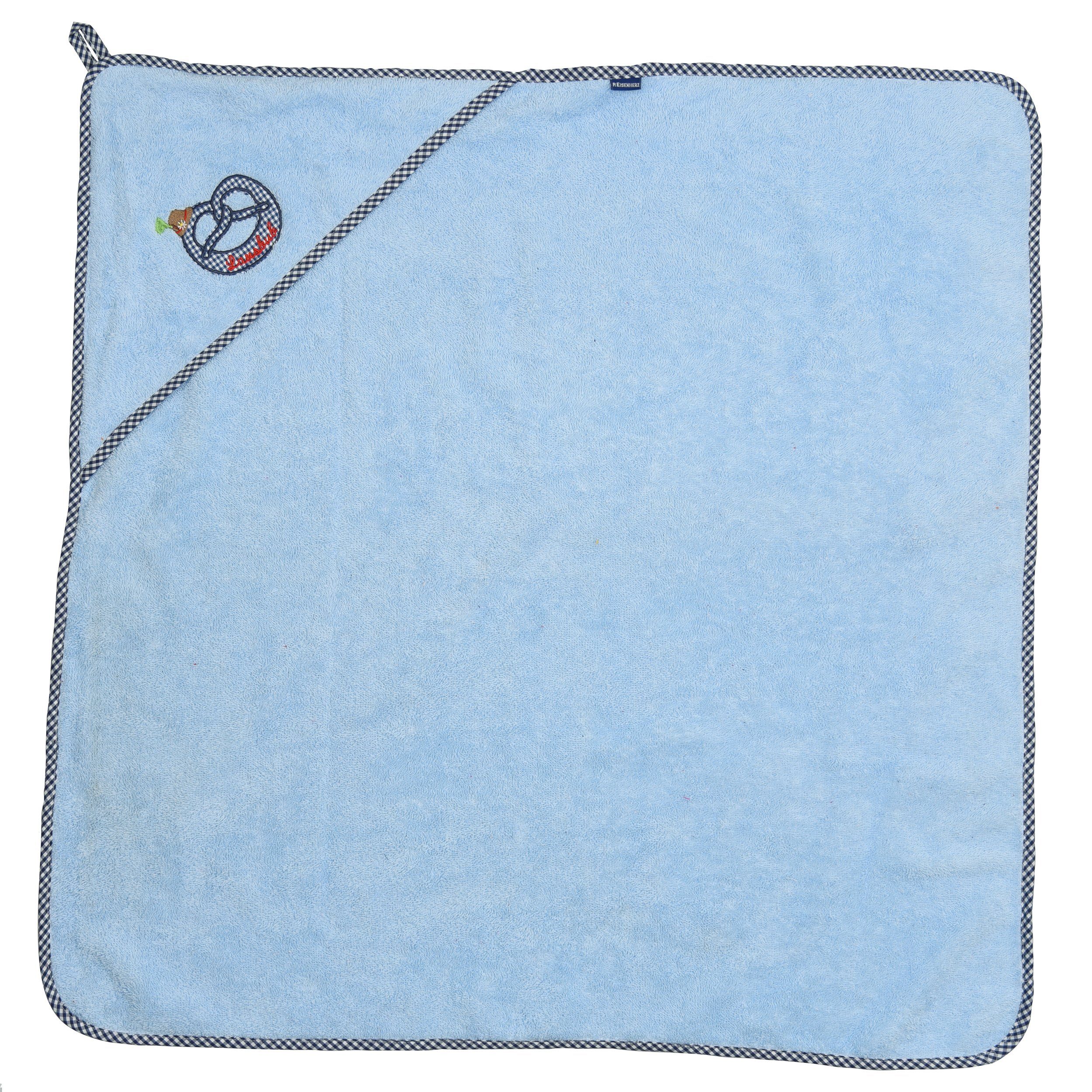 Kapuzenhandtuch Baumwolle saugfähiger Frottee in (1-St), hellblau Tirolerhut mit aus hellblau, "Brezel" Kapuzenhandtuch flauschiger, P.Eisenherz