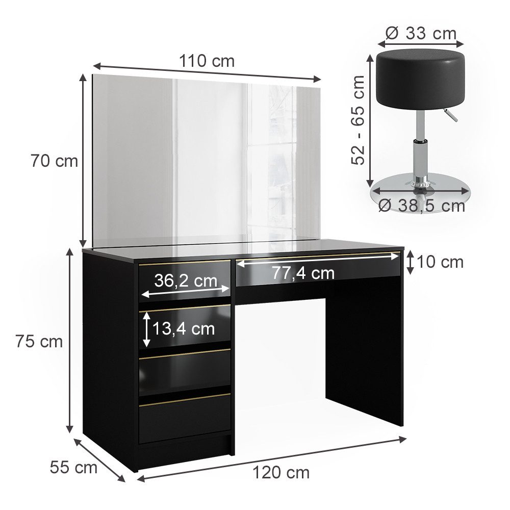 Vicco Schminktisch Sherry, Schwarz, 120 cm mit Hocker (3-St)
