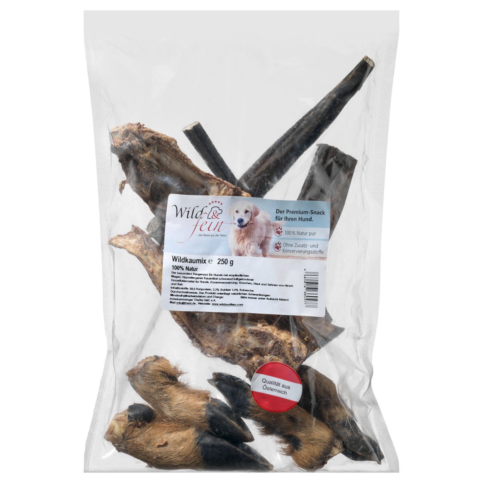 Wild & Fein Wild Kaumix 250 g, eine Delikatesse für alle Hunde, Snack für: Hund