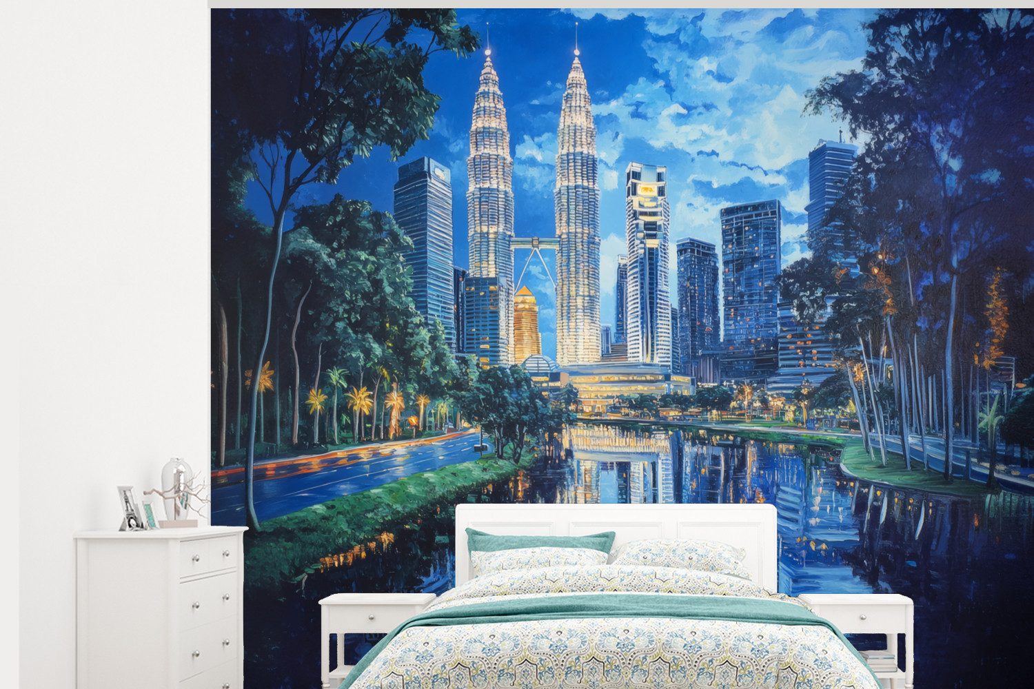 MuchoWow Fototapete Stadt Kuala Lumpur - Skyline - Wolkenkratzer - Wasser, Matt, bedruckt, Montagefertig Vinyl Tapete, Wandtapete, 325x260 cm