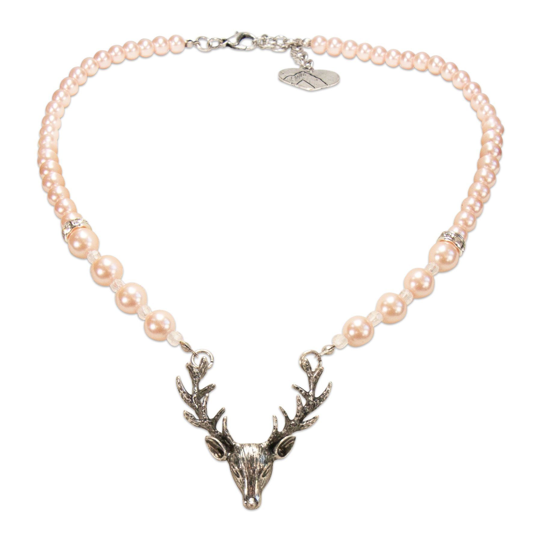 Alpenflüstern Collier Perlen-Trachtenkette Hirsch (rosa-ros), -  Damen-Trachtenschmuck mit Hirsch-Geweih, elegante Dirndlkette
