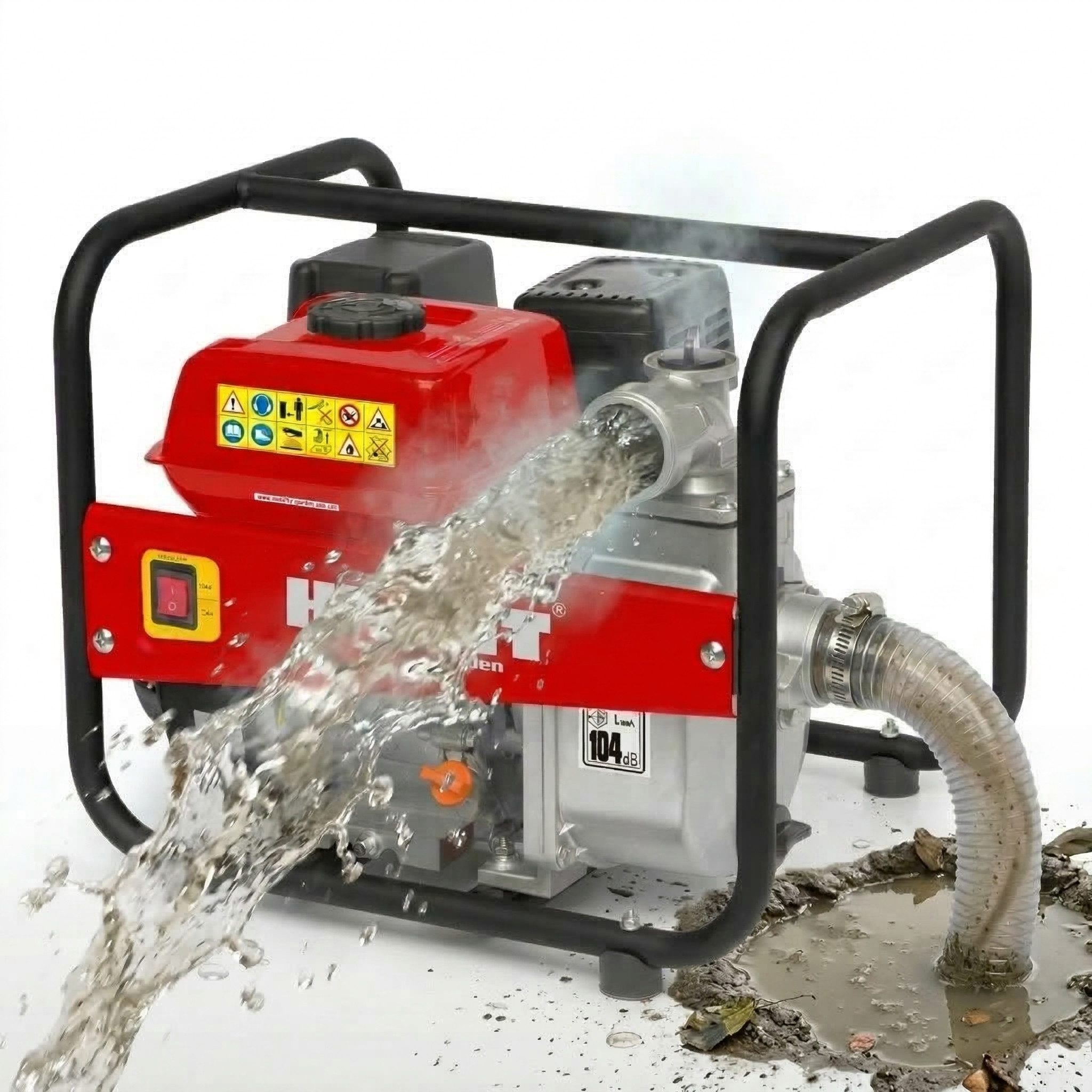 Hecht Schmutzwasser-Tauchpumpe Benzin 38000 l/h, 2" Anschlüsse, 7m Saughöhe, 23 kg, 4L Tank, mit Saugkorb, 6,5 PS