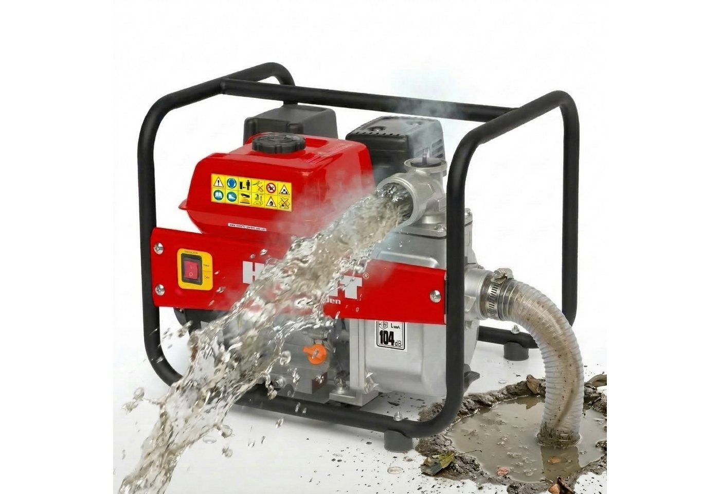 Hecht Schmutzwasser-Tauchpumpe Benzin 38000 l/h, 2" Anschlüsse, 7m Saughöhe, 23 kg, 4L Tank, mit Saugkorb, 6,5 PS
