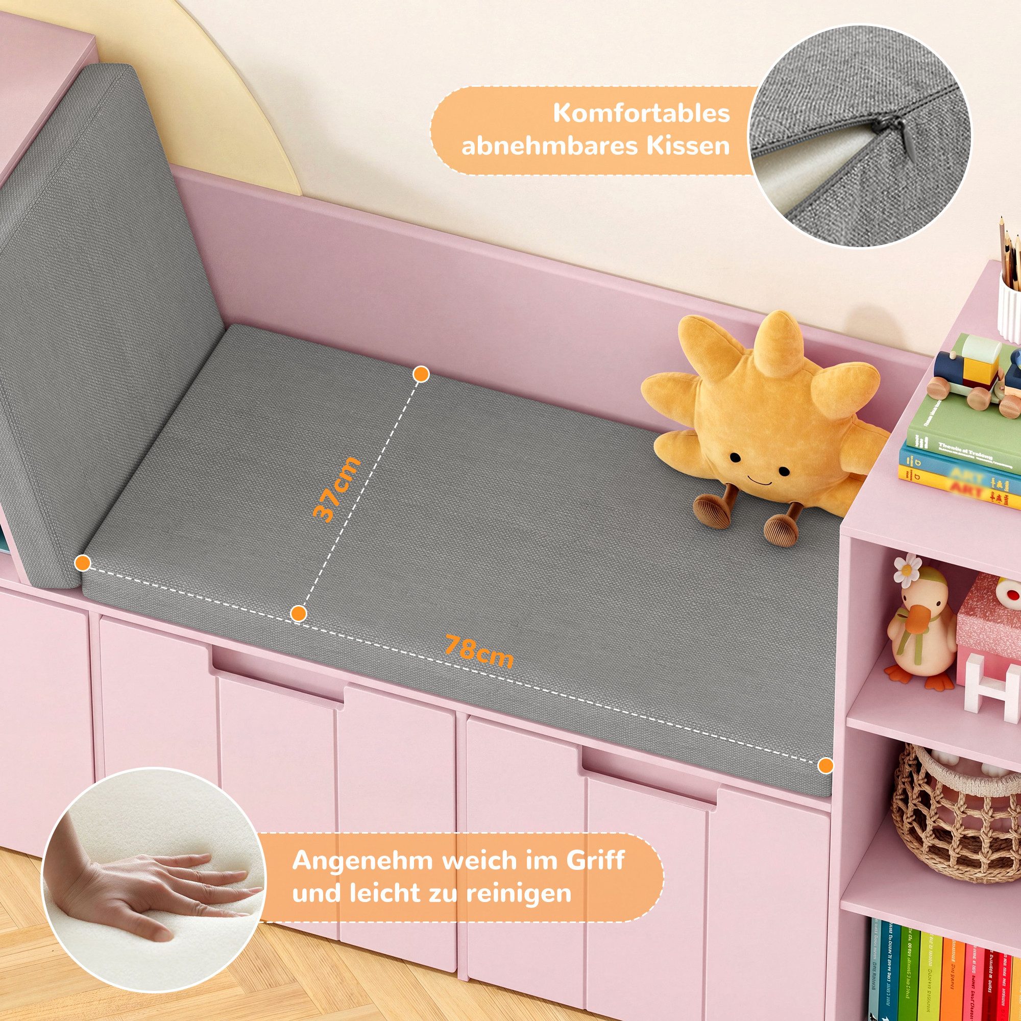 HOMECHO Spielzeugtruhe, 156cm Kinderregal mit Sitzbank, Boxen auf Rollen