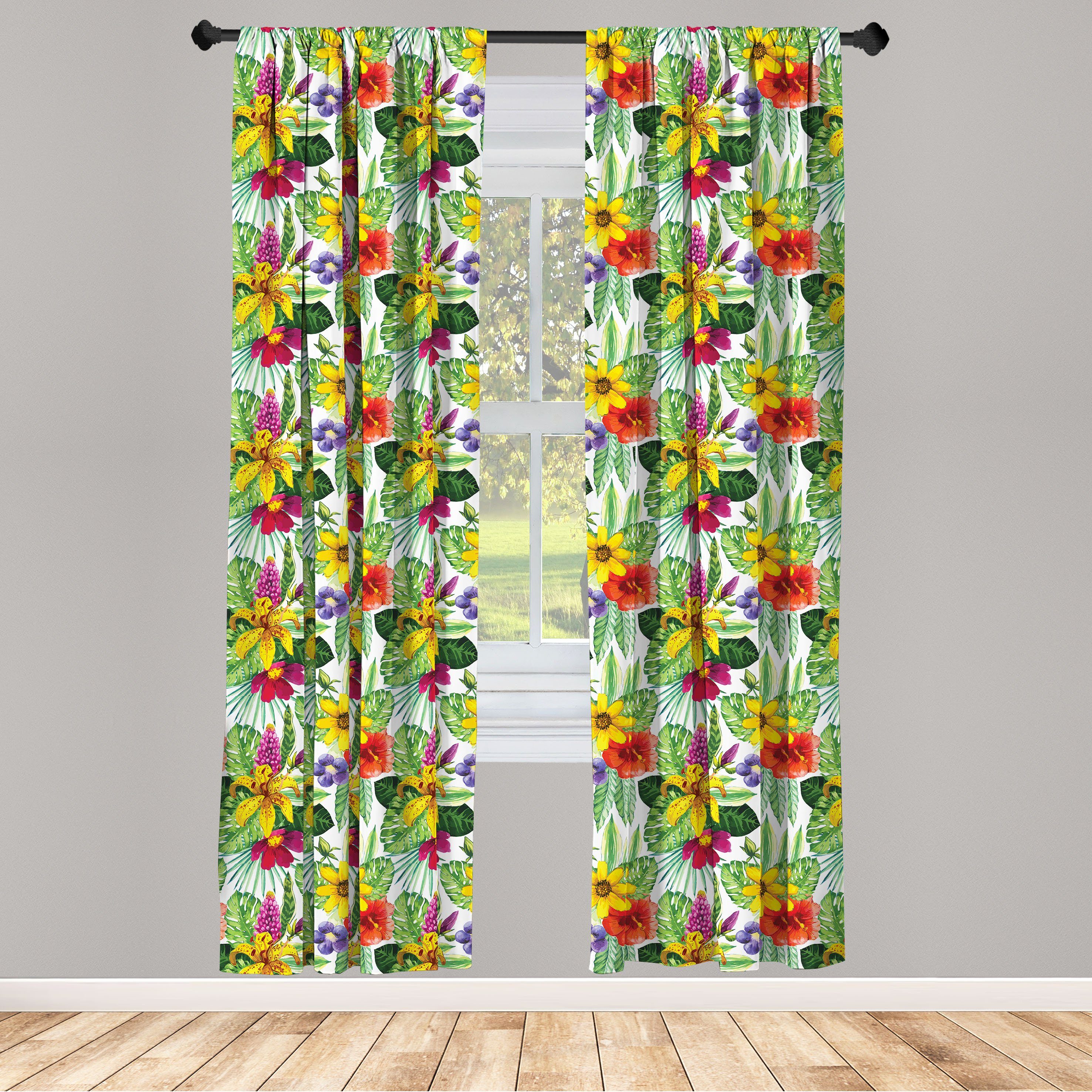 Gardine Vorhang für Wohnzimmer Schlafzimmer Dekor, Abakuhaus, Microfaser, Urwald Lily Hibiscus Monstera | Fertiggardinen
