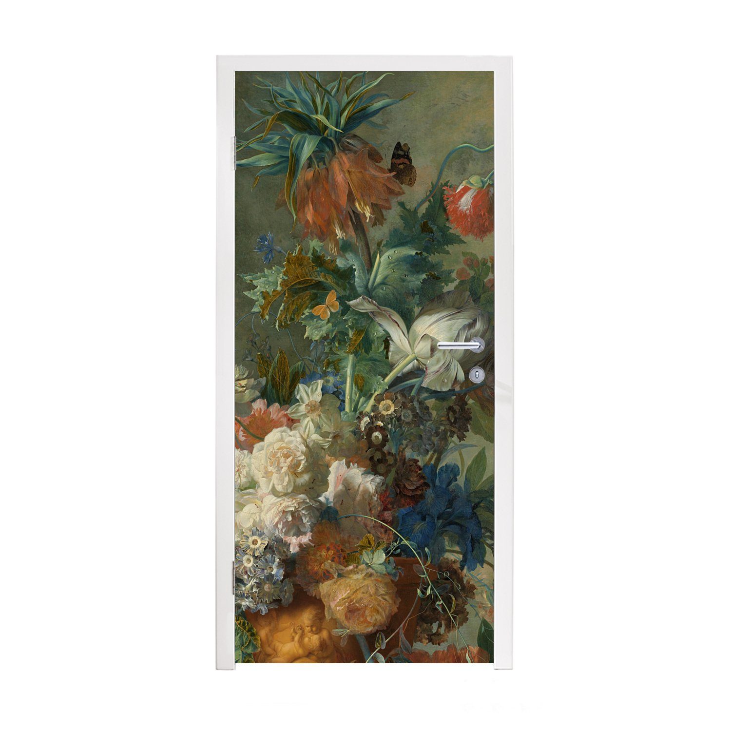 MuchoWow Türtapete Stilleben mit Blumen - Gemälde von Jan van Huysum, Matt, bedruckt, (1 St), Fototapete für Tür, Türaufkleber, 75x205 cm