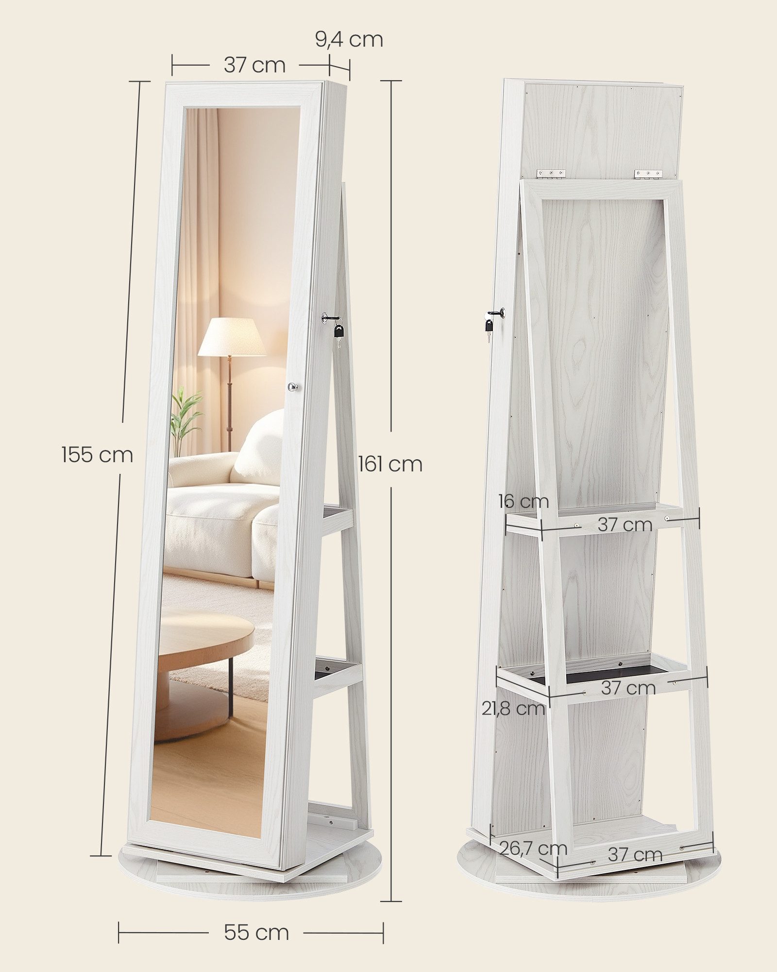 SONGMICS Schmuckschrank Spiegelschrank, mit Ganzkörperspiegel, um 360° drehbar, Geschenkidee Schmuckaufbewahrung, abschließbar, mit Schlüsseln, 54 x 54 x 161 cm – Bild 5 von 5