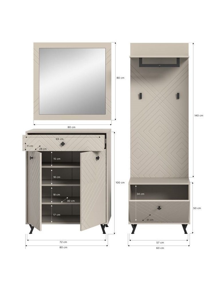 xonox.home Garderoben-Set Garderoben-Set Notes, beige matt/sandfarben, 4-teilig, (4-St), Garderobenmöbel, Garderobenkombination beige
