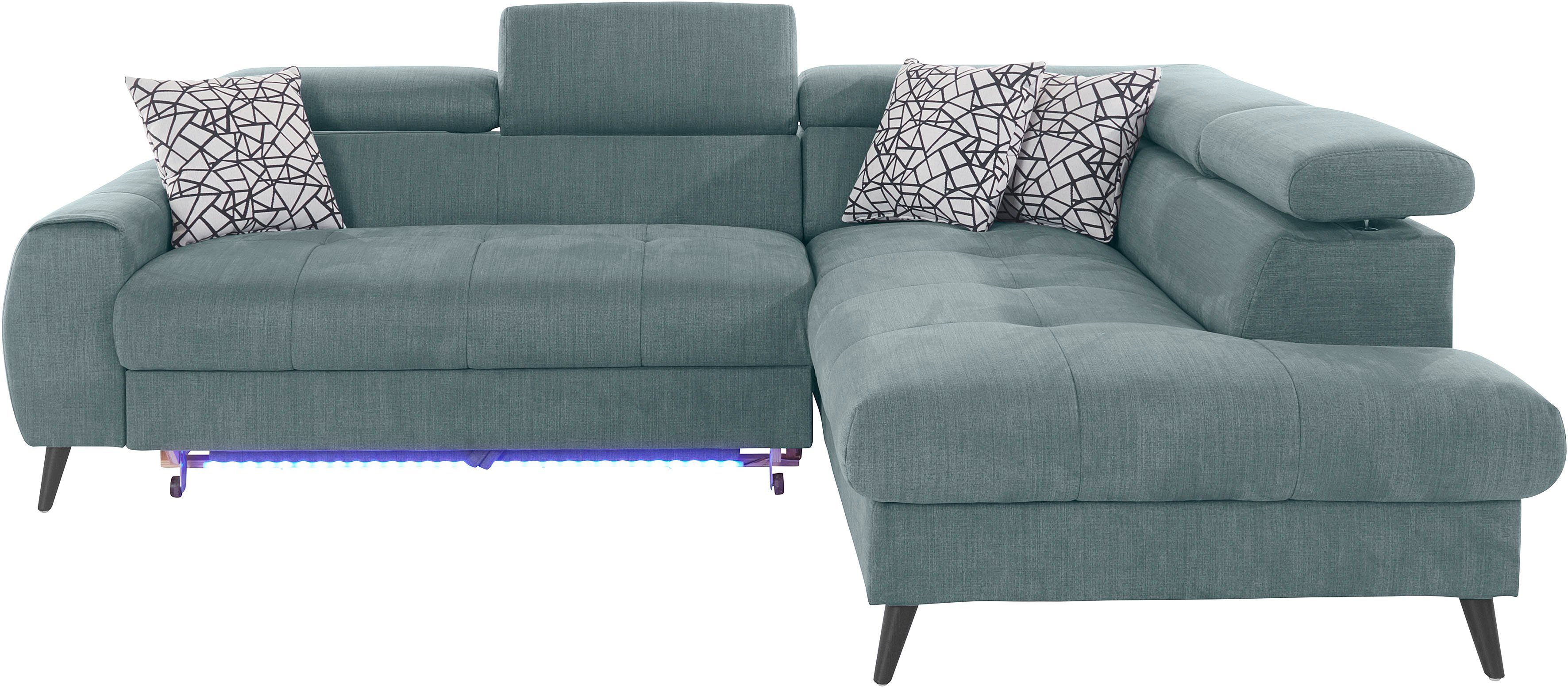 COTTA Ecksofa Mia L-Form mit 3 Zierkissen, wahlweise mit Bettfunktion, Bettkasten, Beleuchtung & Wireless-Charger. Reduzierter Preis € 1.499,99. Unverbindliche Preisempfehlung € 2.839,00