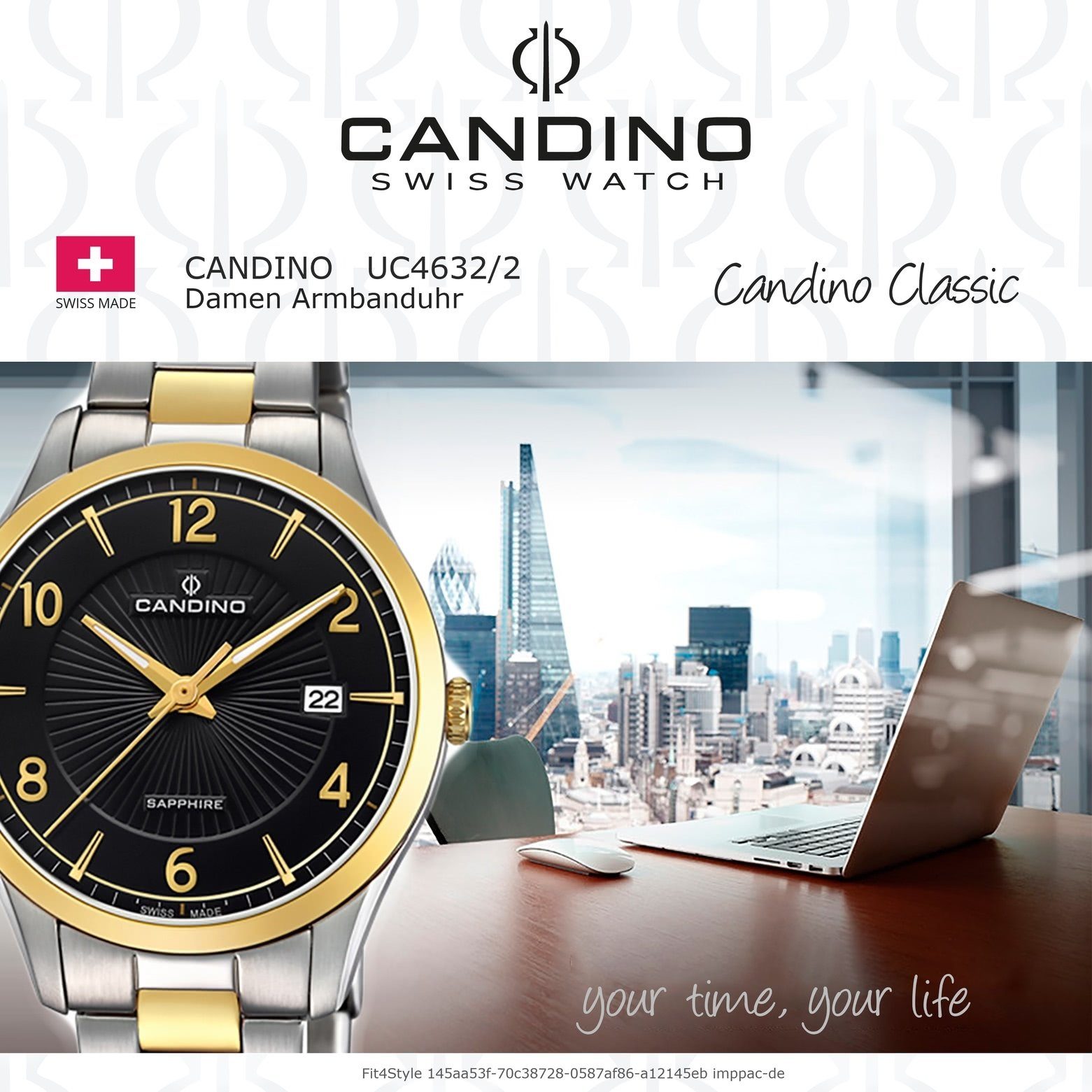 Armbanduhr Damen silber, Analog Uhr Quarzuhr Damen Candino gold, Candino Edelstahlarmband Elegant C4632/2, rund,
