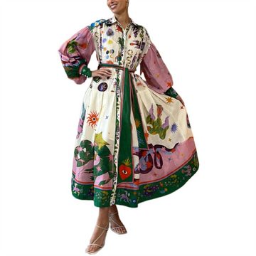 RUZU UG Dirndl Lockeres, langärmliges, plissiertes Kleid im Retro-Palast-Stil Print