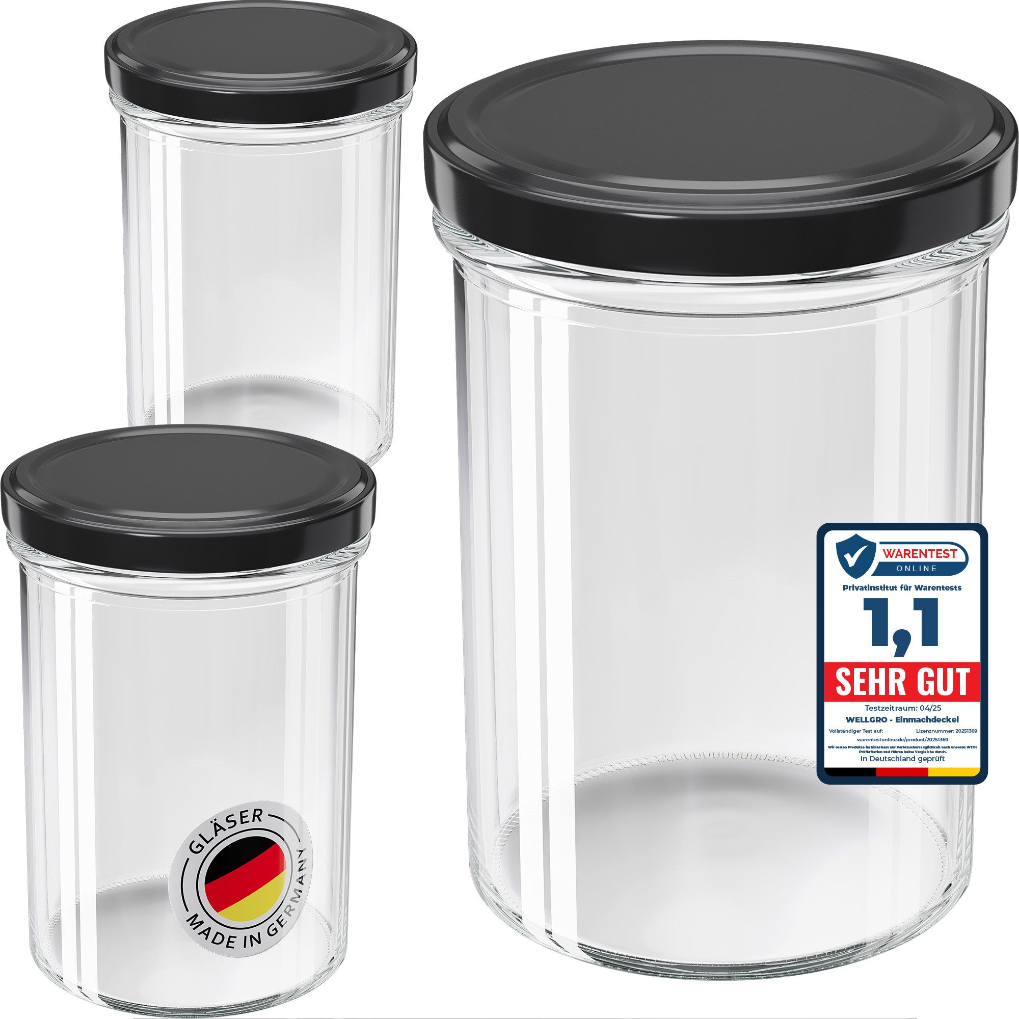 Wellgro Vorratsglas Einmachgläser mit Schraubdeckel 435ml TO 82, schwarz, (200-tlg)