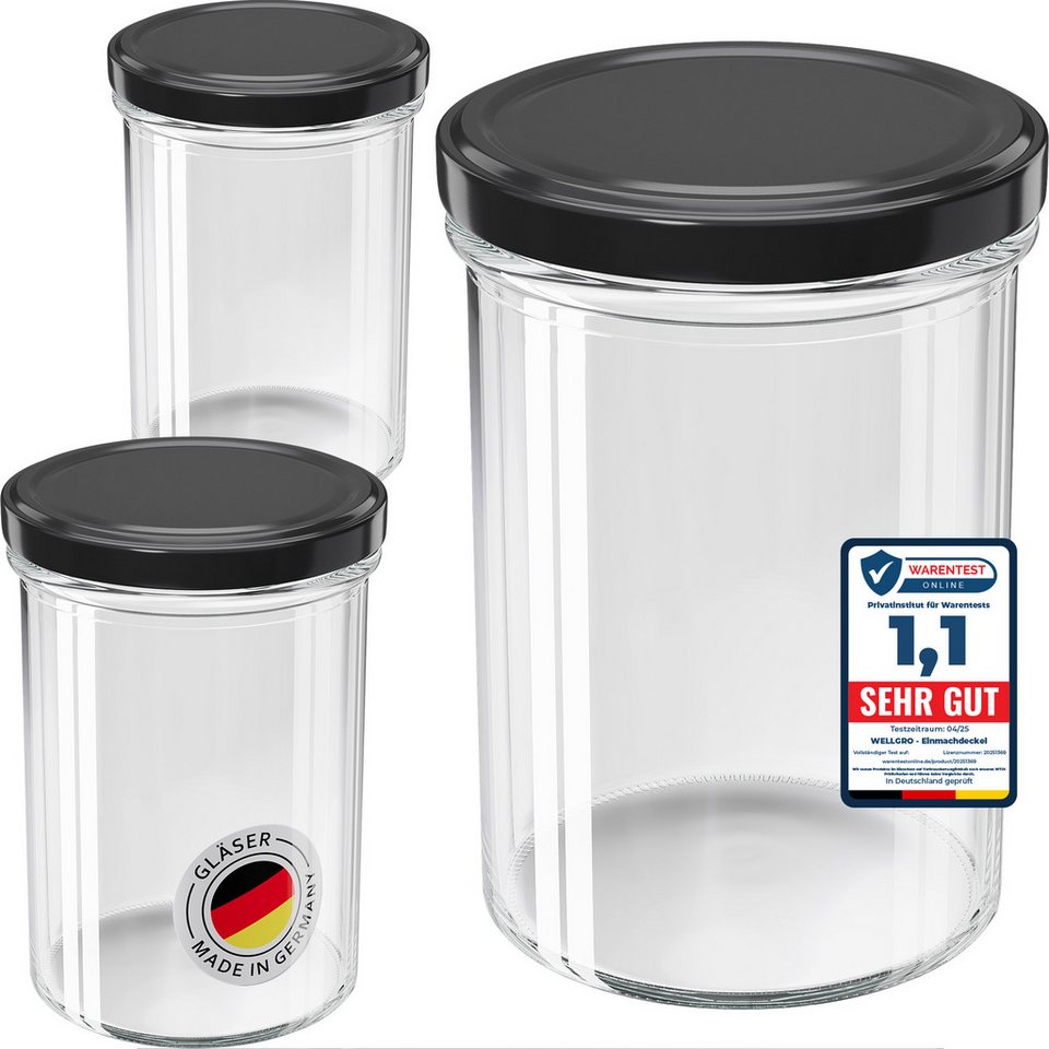 Wellgro Vorratsglas Einmachgläser mit Schraubdeckel 435ml TO 82, schwarz, (12-tlg), Aufbewahrungsglas