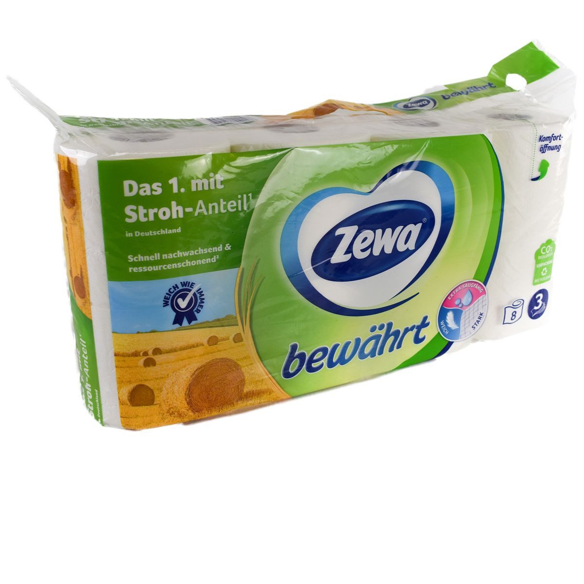 ZEWA Toilettenpapier Toilettenpapier Zewa 3-lagig 8 Rollen in Weiß mit Strohanteil, Geruchsneutral