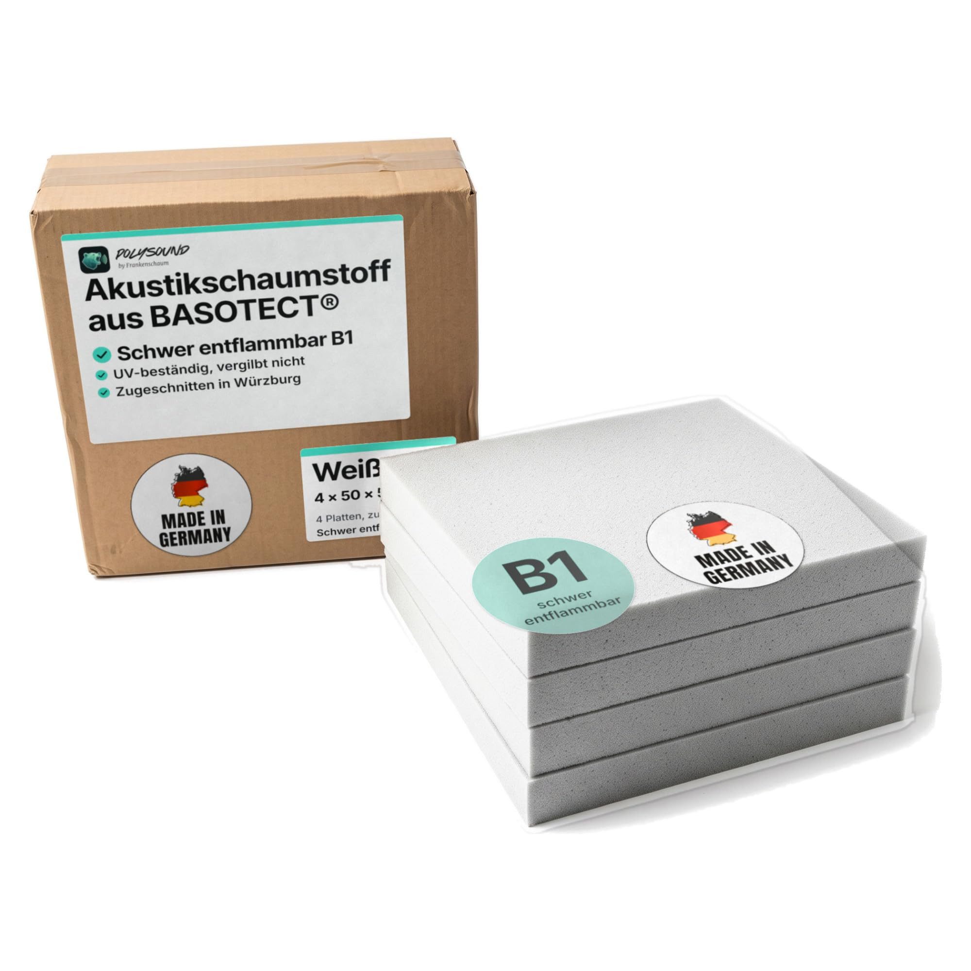PolySound Akustikplatte Akustikschaumstoff aus Basotect® 50 x 50 x 2 cm, 4 Stück, weiß, (4-St)