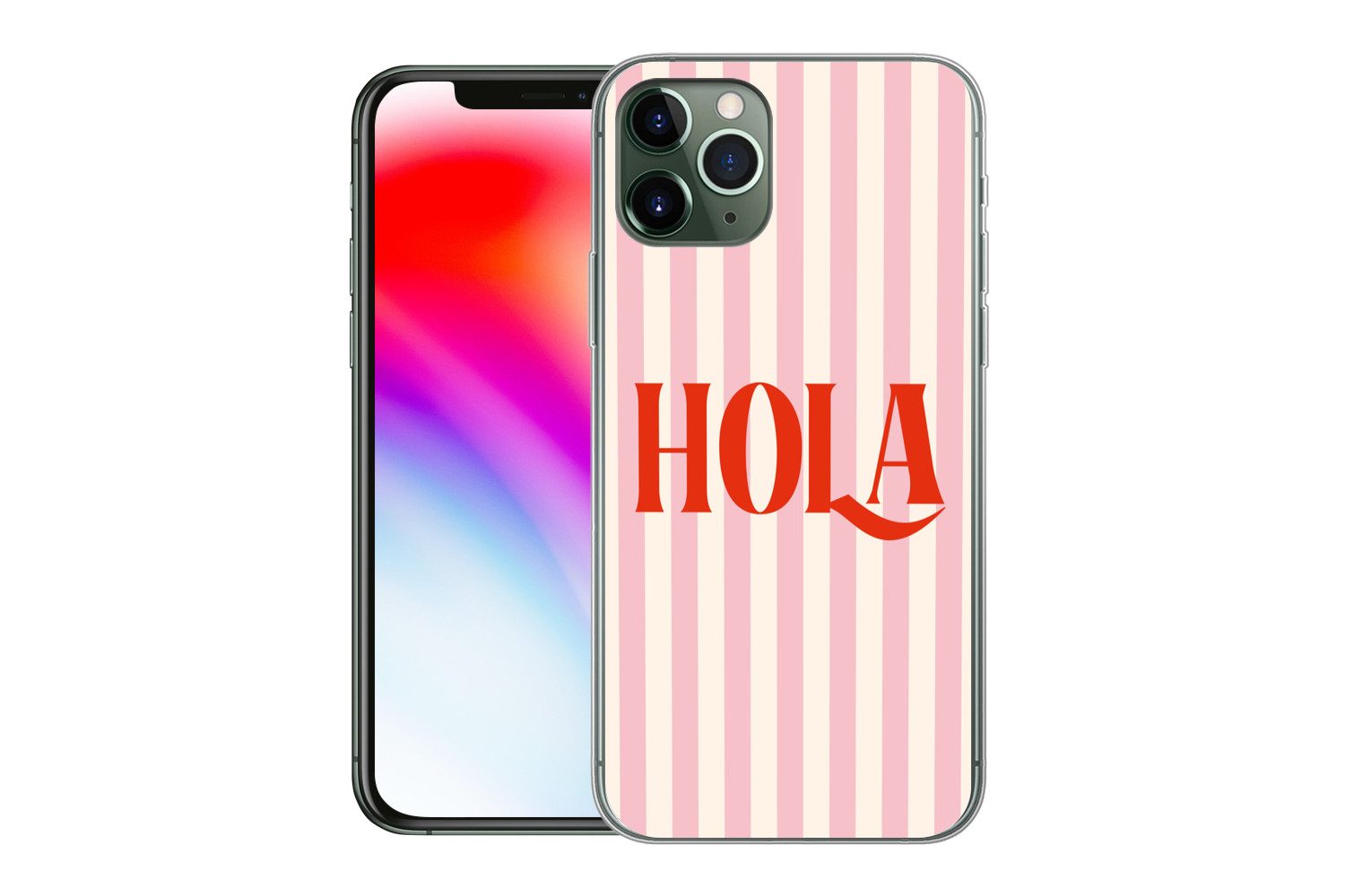 MuchoWow Handyhülle für Apple iPhone 11 Pro Hola - Zitat - Streifen - Pastell - Rosa - Rot, Smartphone-Bumper, Print, Handy Schutzhülle Dünn