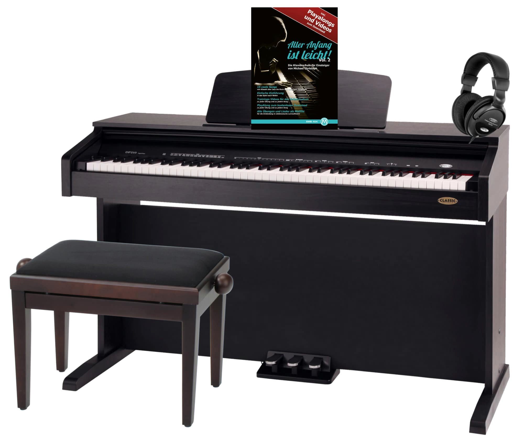 Classic Cantabile Digitalpiano DP-210 E-Piano mit 88 Tasten Hammermechanik (Spar-Set, 4-St., inkl. Klavierbank, Kopfhörer & Schule), Dual Mode/Split Mode (Layer-Funktion) und USB