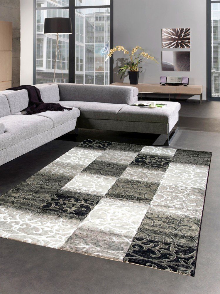 Teppich Designer Teppich Wohnzimmerteppich Ornamente Ranken Karo creme grau  schwarz, Carpetia, rechteckig, Höhe: 11 mm