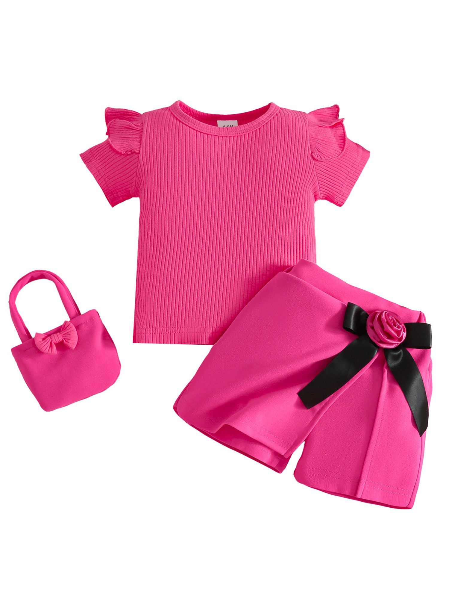Lapastyle Top & Shorts Mädchen Baby Sommer Set, Alltagskleidung, Partyoutfits, Festtagssets (Set, 3-tlg) Oberteil mit Rüschen, Shorts Skirt mit Blumen-Schleifen, Handtasche