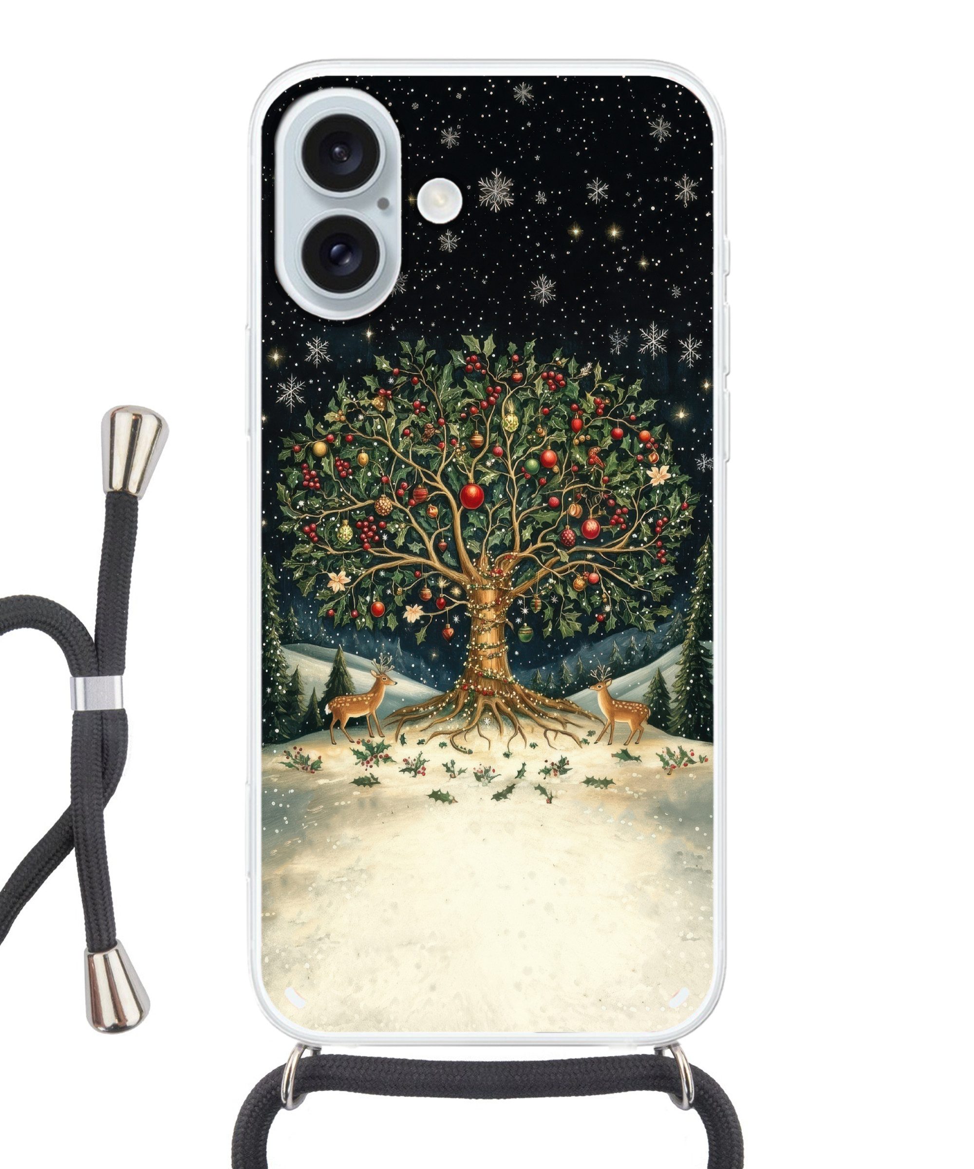 MuchoWow Handyhülle für Apple iPhone 16 Plus Partybaum - Winterhimmel - Farbenfroh, Tragbare Handyhüllen mit Kette zum umhängen, Handykette Handyband