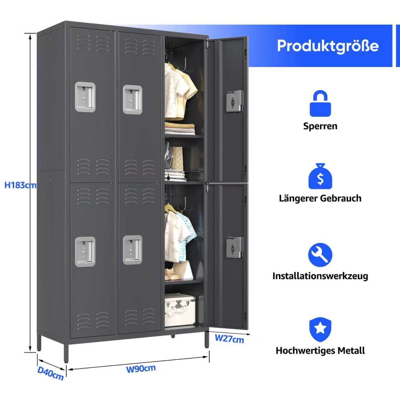 AOBABO Mehrzweckschrank mit Haken, geeignet für Schulen, Fitnessstudios (1-St) Metallschrank mit 6 Türen, 90x40x183cm