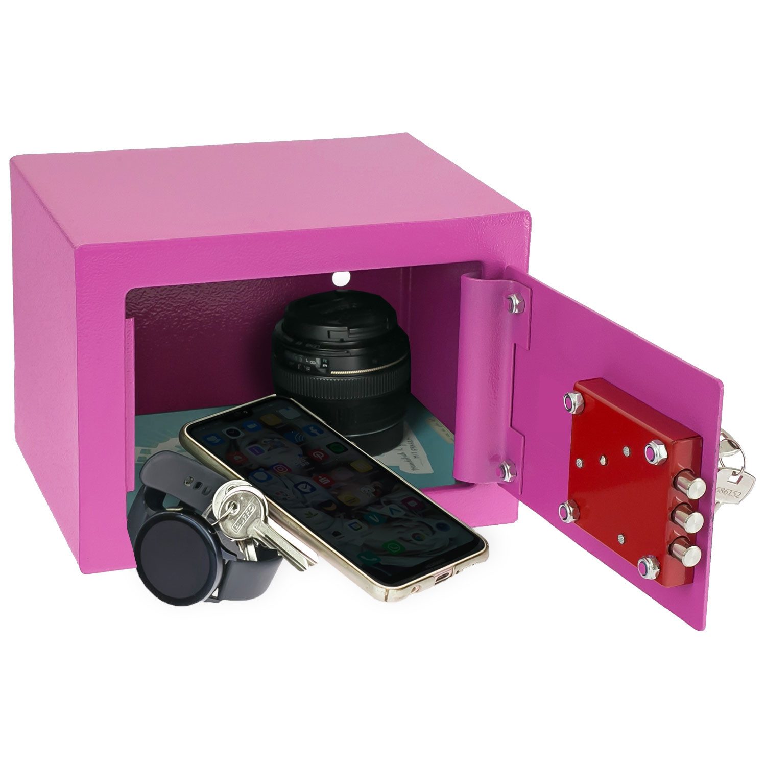 HMF Möbeltresor Safe Tresor klein mit Schlüssel, Schließfach mit Doppelbartschloss, 23 x 17 x 17 cm, pink