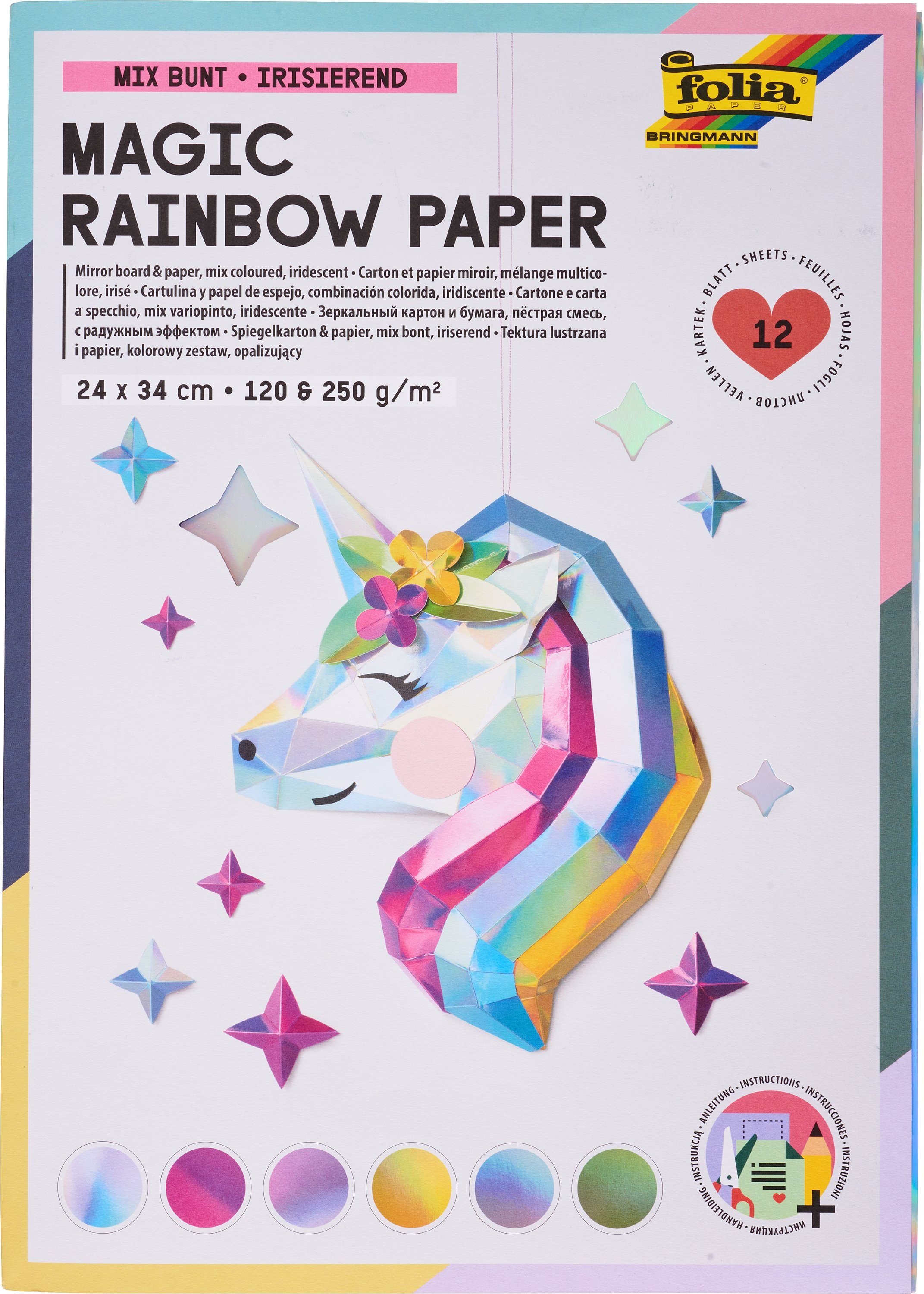 Folia Designpapier Spiegelkarton und Spiegelpapier-Mix Rainbow, 12 Bogen