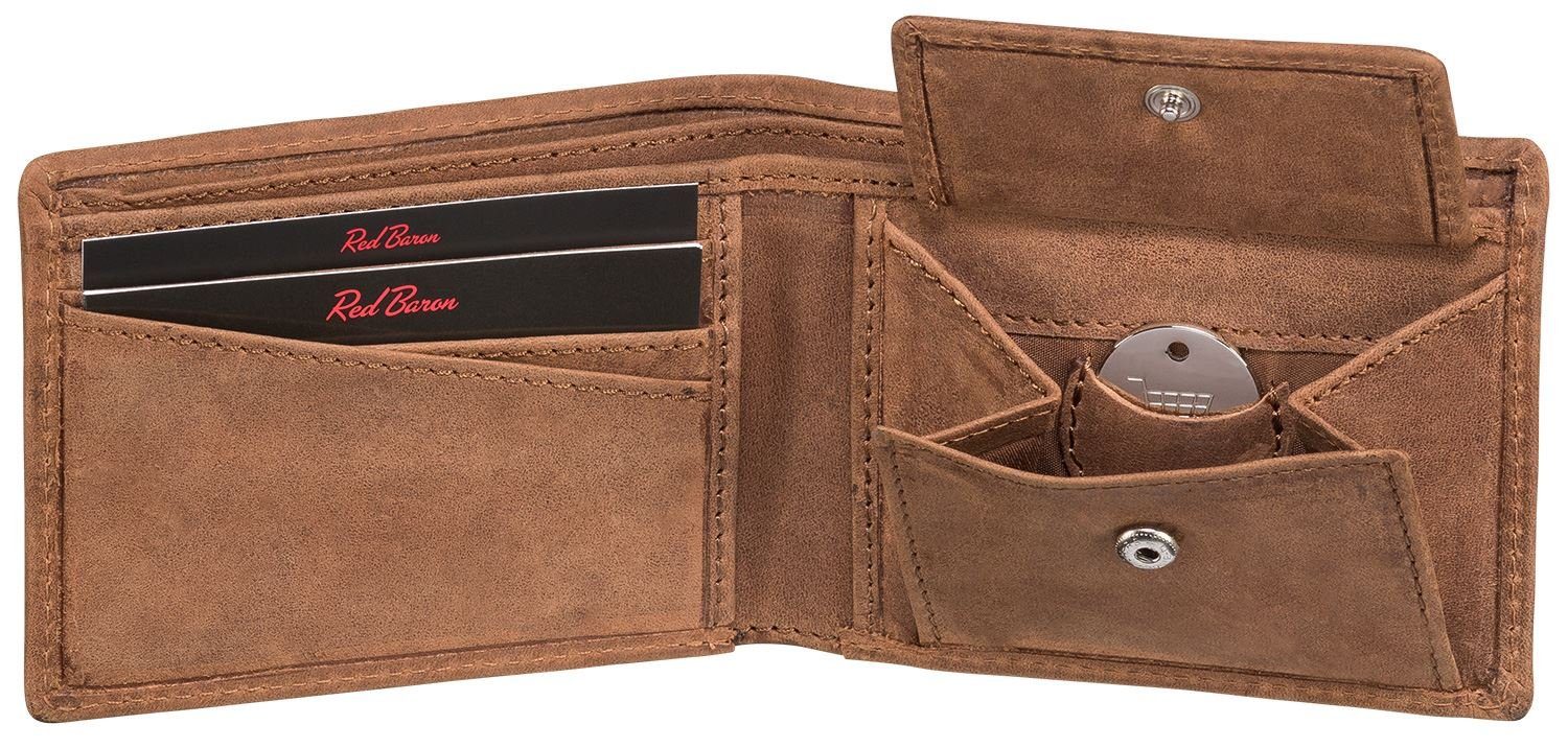 Red Baron Geldbörse Geldbeutel Leder Braun RB-WT-001-05, 1-fach klappbar, Kreditkartenfächer, Münzfach mit Druckknopf