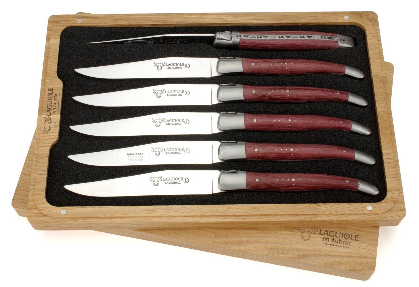 Laguiole en Aubrac Steakmesser 62C99ATIH 6er Set - Griff Amaranth - Backen matt - Klinge glänzend - Holzbox