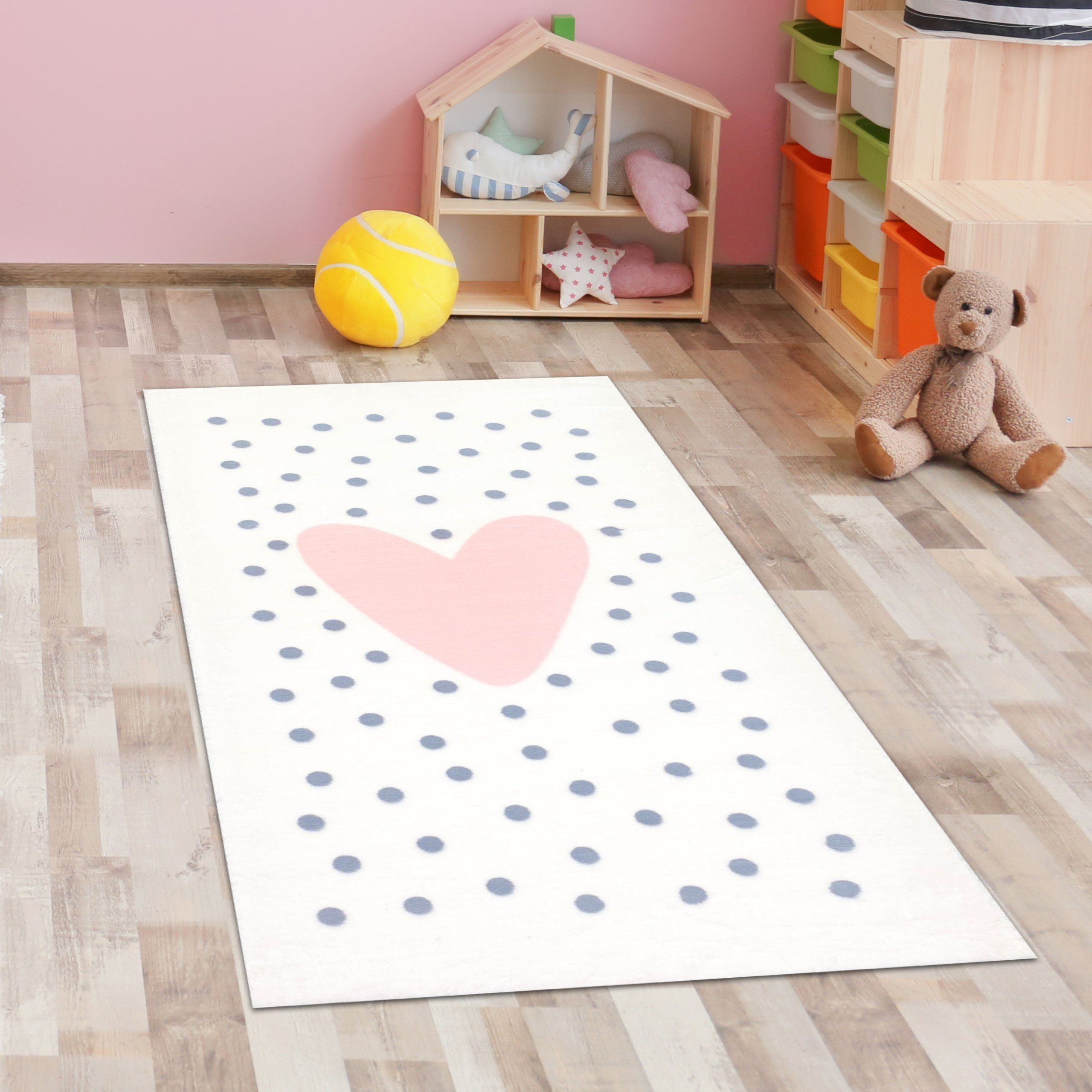Carpetia Teppich Kinderzimmer-Teppich weich Herz-Pünktchen in creme, rosa grau, rechteckig, Höhe: 18 mm