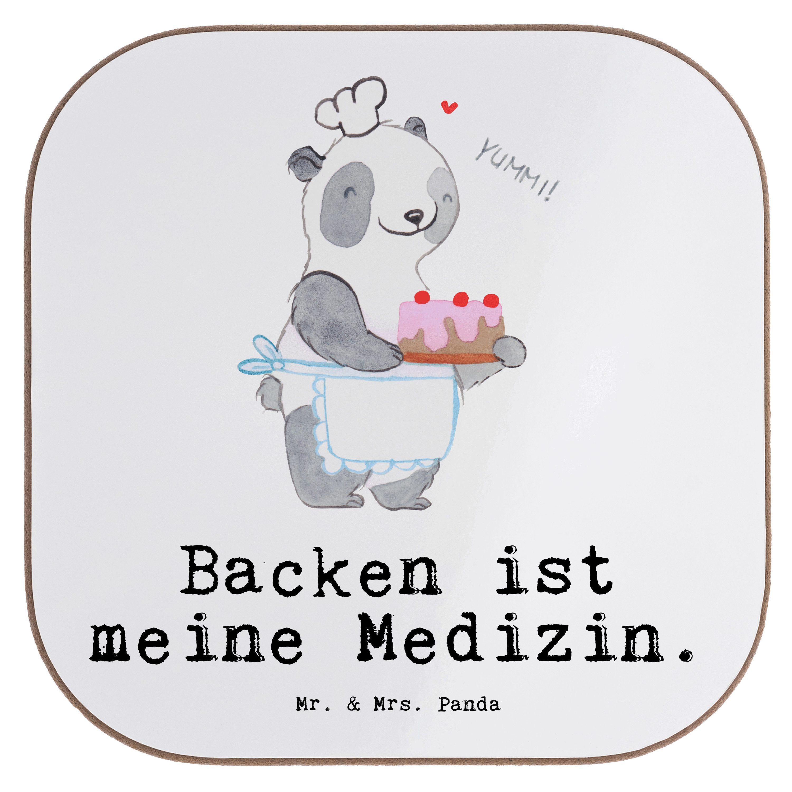 Mr. & Mrs. Panda Getränkeuntersetzer Panda Backen - Weiß - Geschenk, Untersetzer Gläser, Hobby, Glasunters, 1-tlg., Glänzende Oberfläche