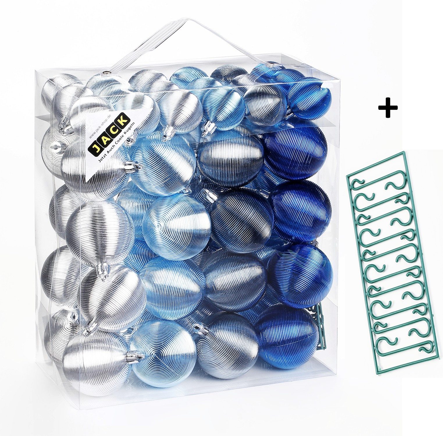 JACK Christbaumschmuck JACK by Inge 50x Kunststoff Kugeln Blau Grau Christbaumkugeln Rille, Inkl. Haken, Rillenoptik aus Kunststoff Ø 4 + 6 cm, Aufbewahrungsbox