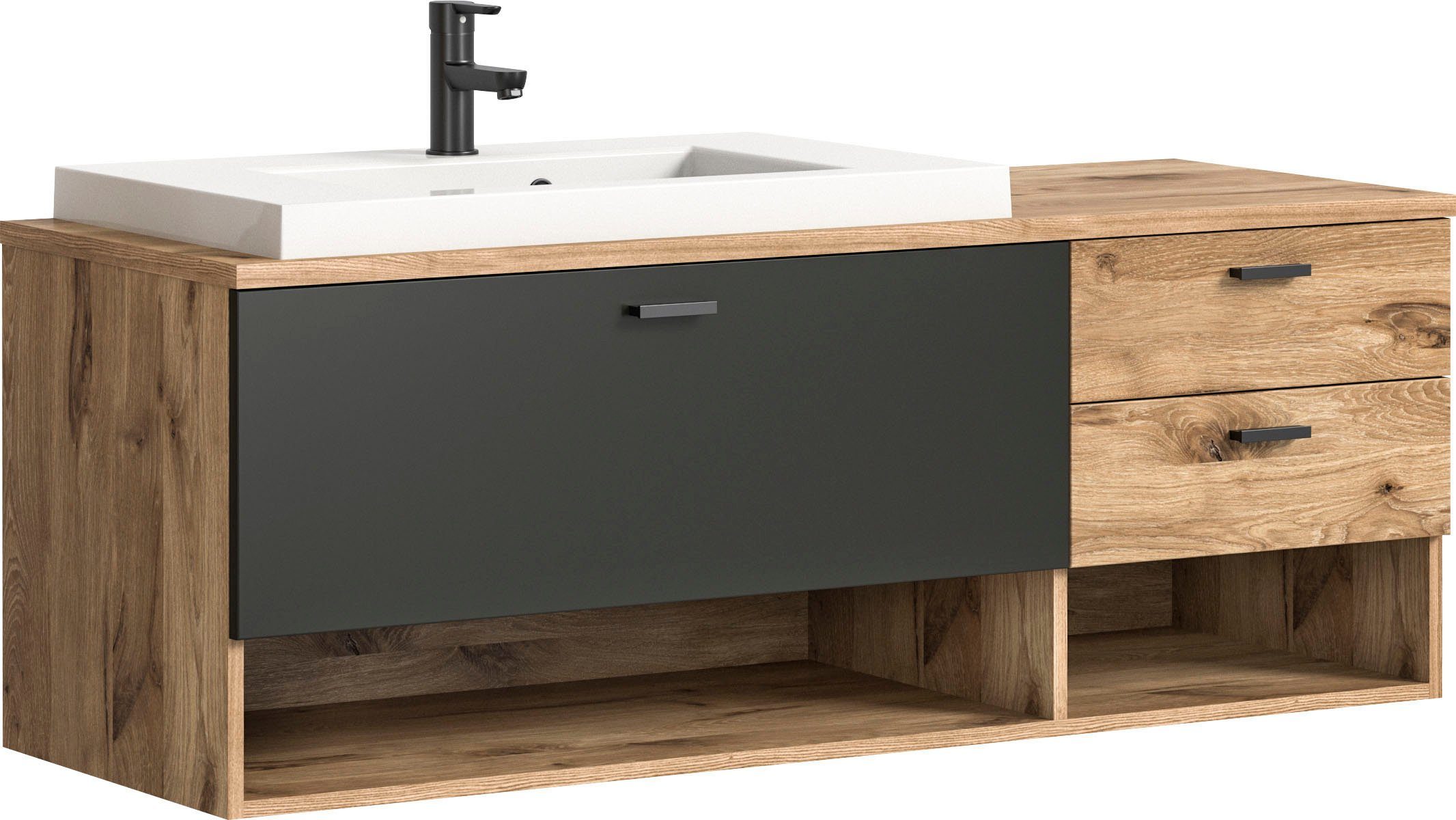 welltime Waschbeckenunterschrank Dolo, Breite 138 cm, inkl. Aufsatzwaschbecken, 2 Schubkästen, 1 Klappe (2-St) Hängeschrank, Unterschrank, Badmöbel, Badschrank, Schrank, Bad