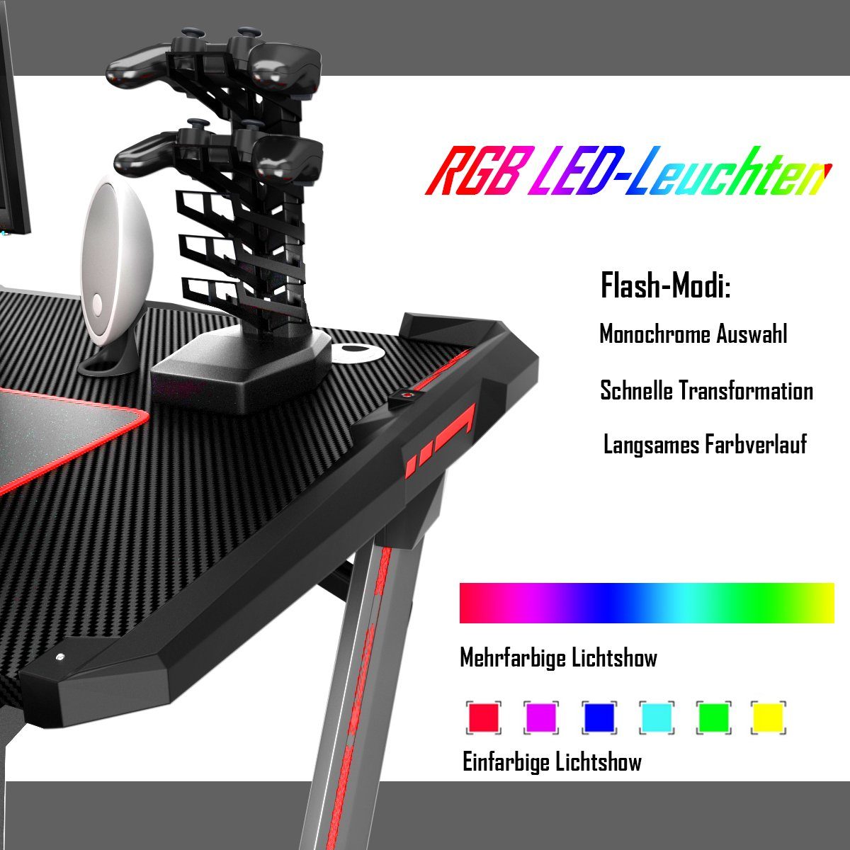 COSTWAY Gamingtisch, RGB-Led, Controller-Halterung 4 USB, mit Z-förmig 120cm