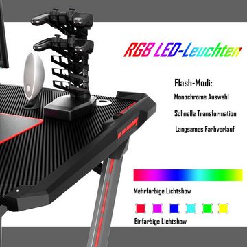 COSTWAY Gamingtisch, RGB-Led, Controller-Halterung mit 4 USB, Z-förmig 120cm