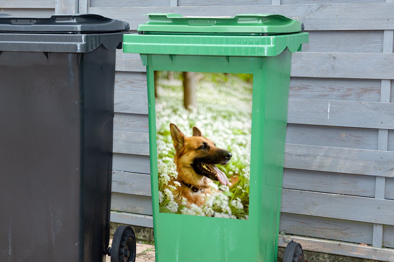 Blumen St), sitzt Mülleimer-aufkleber, weißen Container, Deutscher Wandsticker Schäferhund Mülltonne, Sticker, der Abfalbehälter (1 MuchoWow inmitten