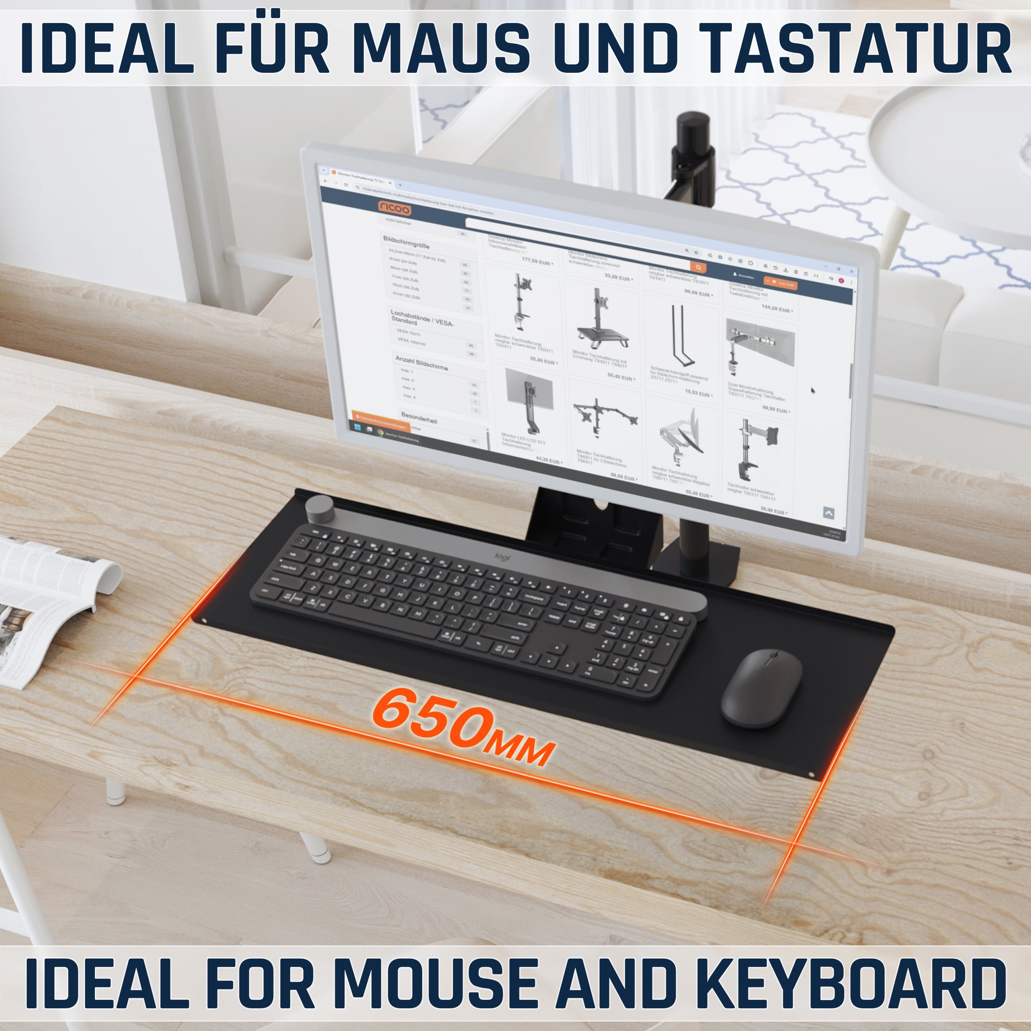 RICOO Halterung Tastaturhalterung für Monitorarm CZ0500, (VESA 75x75 100x100, 1-tlg., 2 kg Belastbarkeit, 65 x 26,8 x 33 cm Tastaturgröße, Tastaturhalterung Adapter Tastatur Workstation)