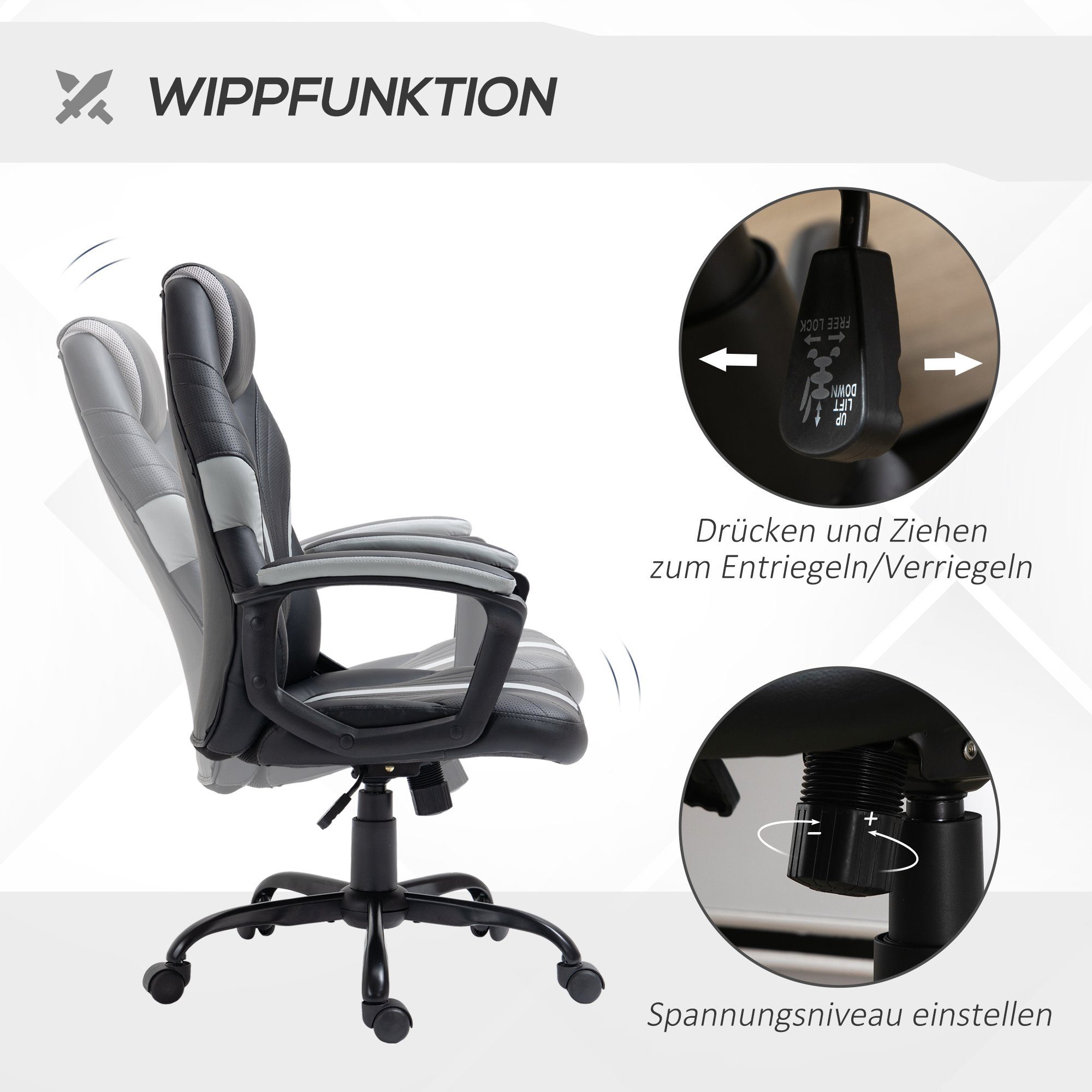 (Bürostuhl, Computerstuhl, mit Wippfunktion 1 Gamingstuhl, höhenverstellbar, drehbar St), Schreibtischstuhl Vinsetto