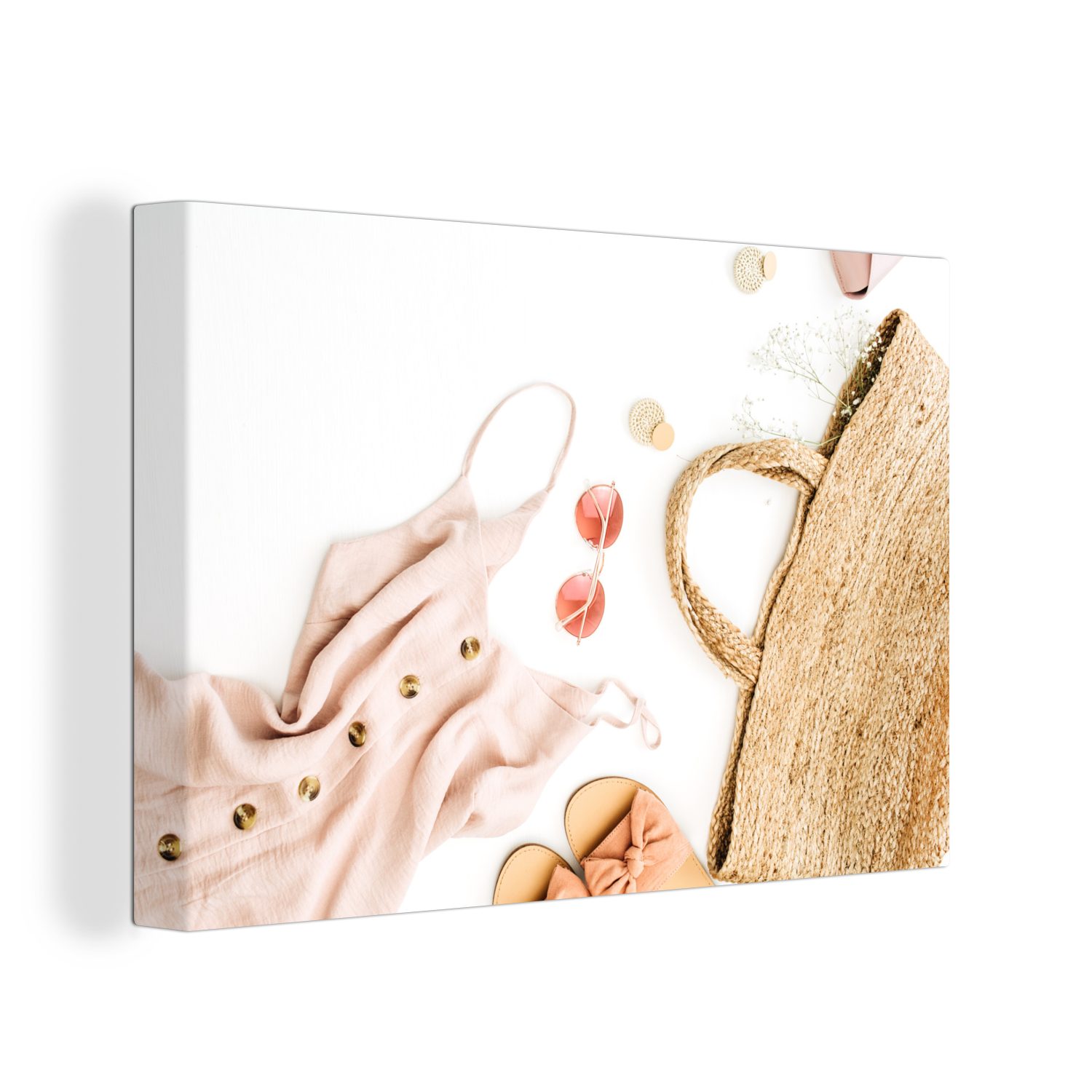 OneMillionCanvasses® Leinwandbild Rosa - Sonnenbrille - Jumpsuit, (1 St), Wandbild Leinwandbilder, Aufhängefertig, Wanddeko, 30x20 cm | Leinwandbilder