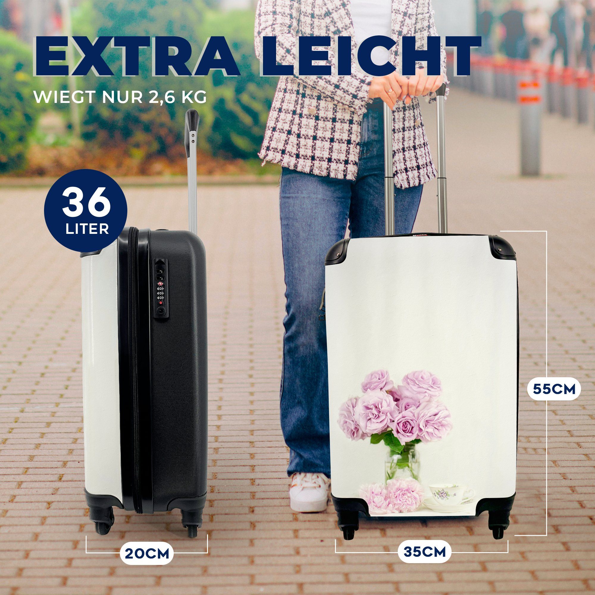 Reisekoffer rosa 4 Handgepäck einer an rollen, Ferien, aus für MuchoWow Teetasse, Reisetasche Rollen, Pfingstrosen Trolley, Handgepäckkoffer mit Blumenstrauß