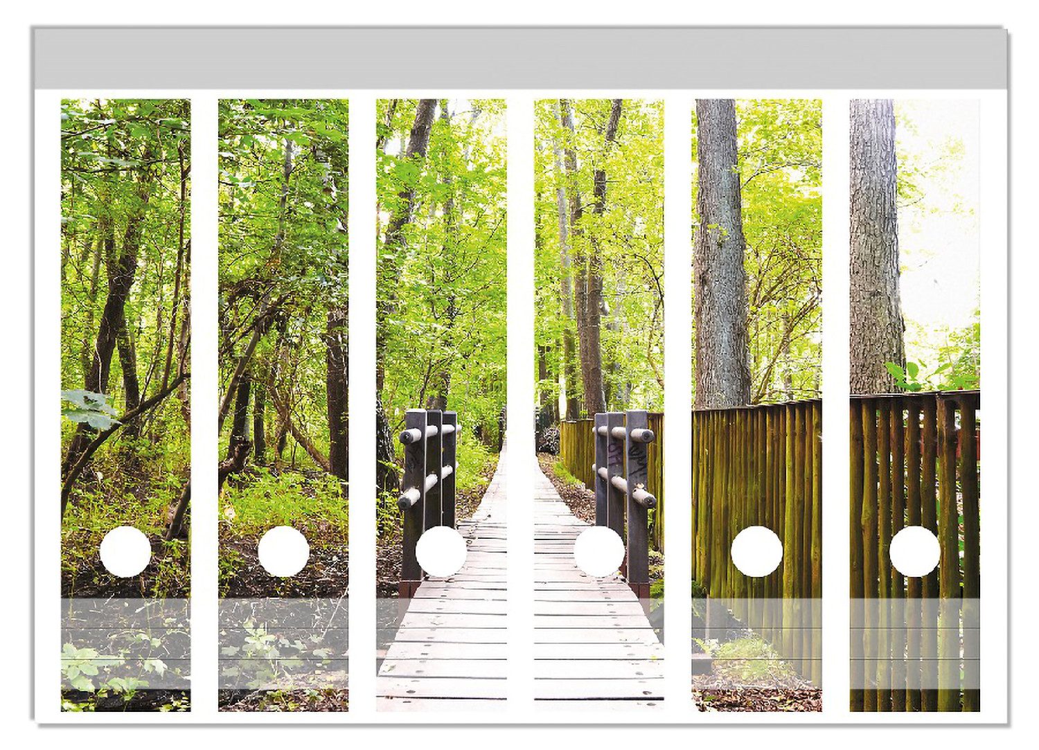 Wallario Etiketten Spaziergang im Wald Holzweg über einen Fluss, Ordnerrücken-Sticker in verschiedenen Ausführungen