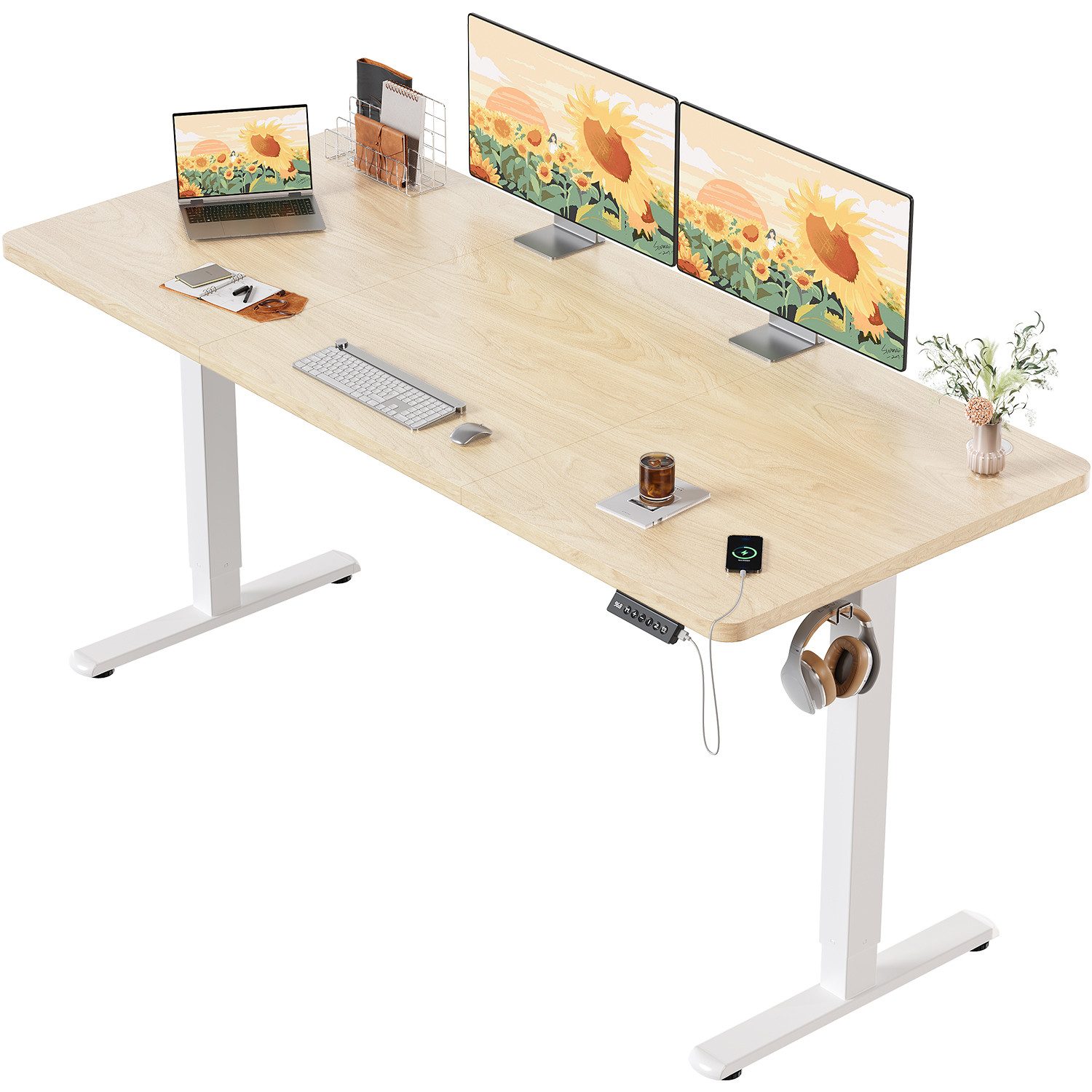 HOMALL Schreibtisch Schreibtisch Höhenverstellbarer mit Gedächtnis und Sitzerinnerung (2-lagige Höhenverstellung mit sitzender Erinnerungsfunktion und USB-Ladeanschluss)