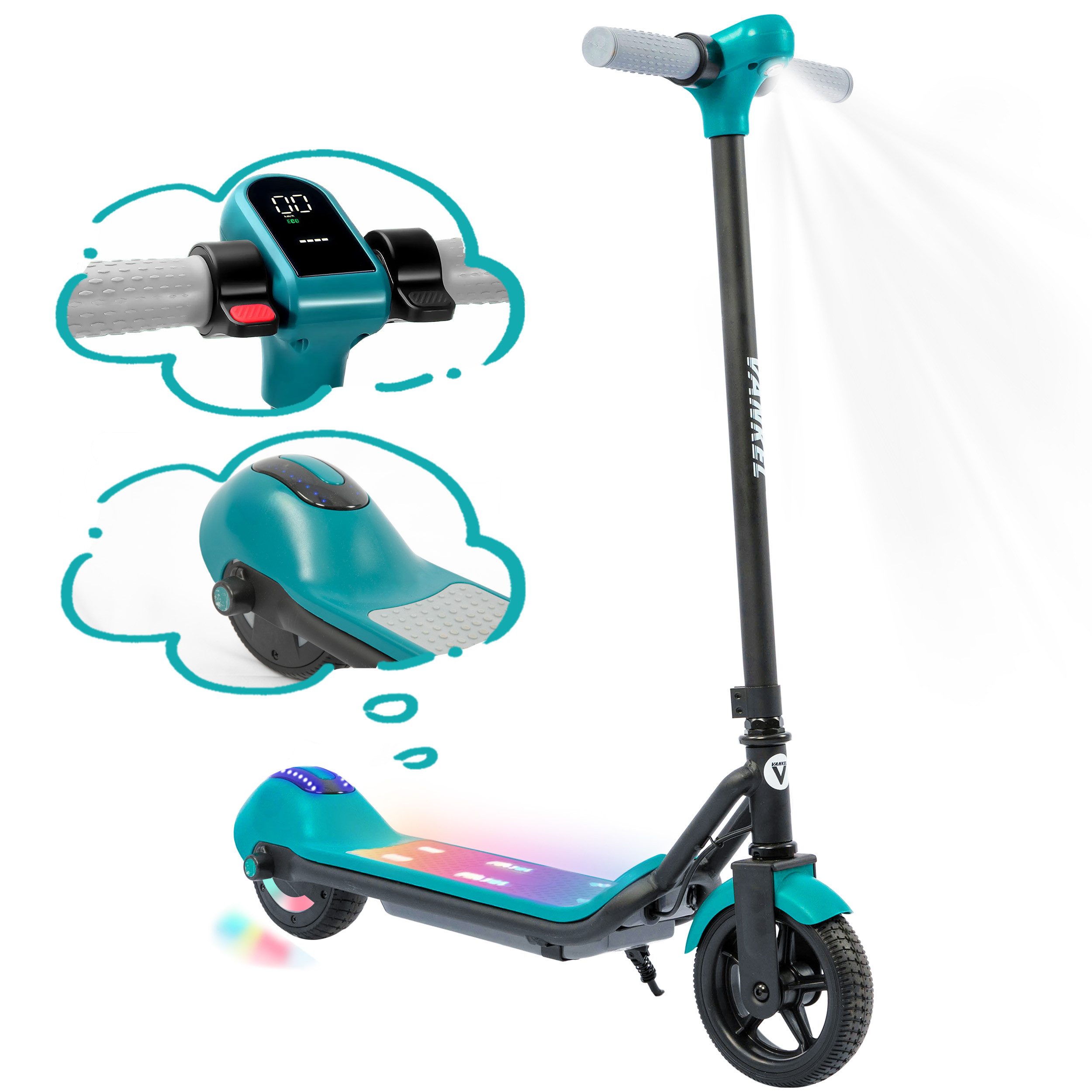 Vankel Elektro-Kinderroller E-Scooter für Kinder, ab 6 Jahren, mit Bunten LED-Lichter & Bluetooth, 14 km/h Kinderroller, E-Bremse, 5–9 km Reichweite