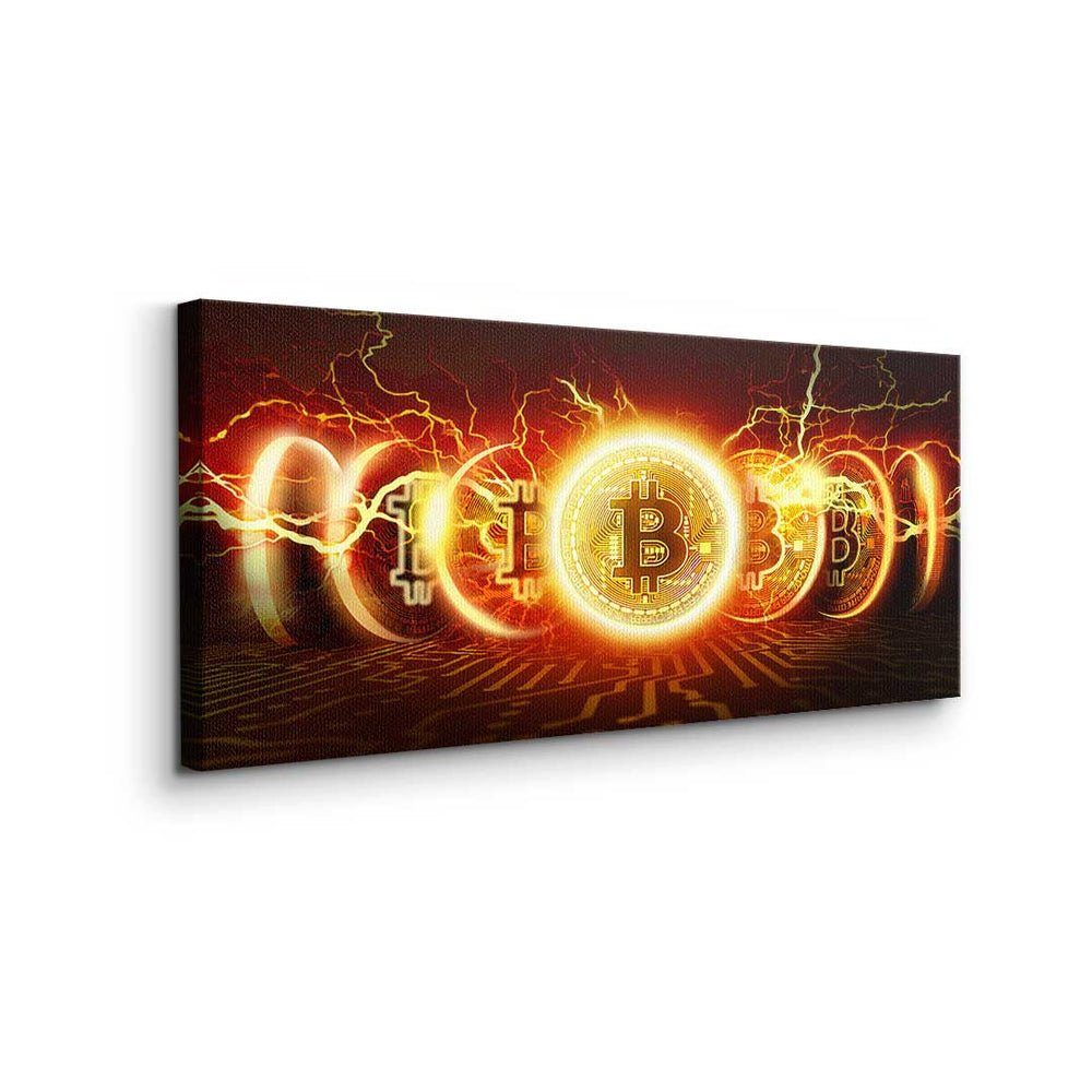 Fire Leinwandbild Bitcoin silberner DOTCOMCANVAS® - Leinwandbild Explosion - Bitcoin - Crypto Rahmen Explosion, Premium Fire Trading