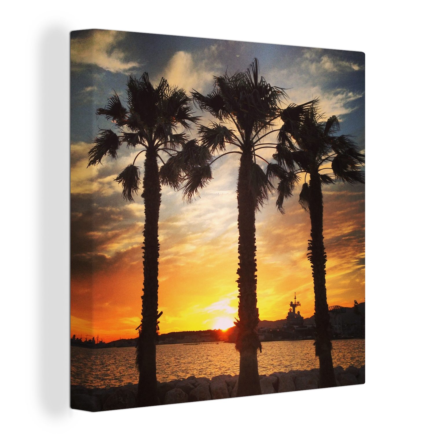 OneMillionCanvasses® Leinwandbild Sonnenuntergang in Toulon entlang der Palmen in Frankreich, (1 St), Leinwand Bilder für Wohnzimmer Schlafzimmer